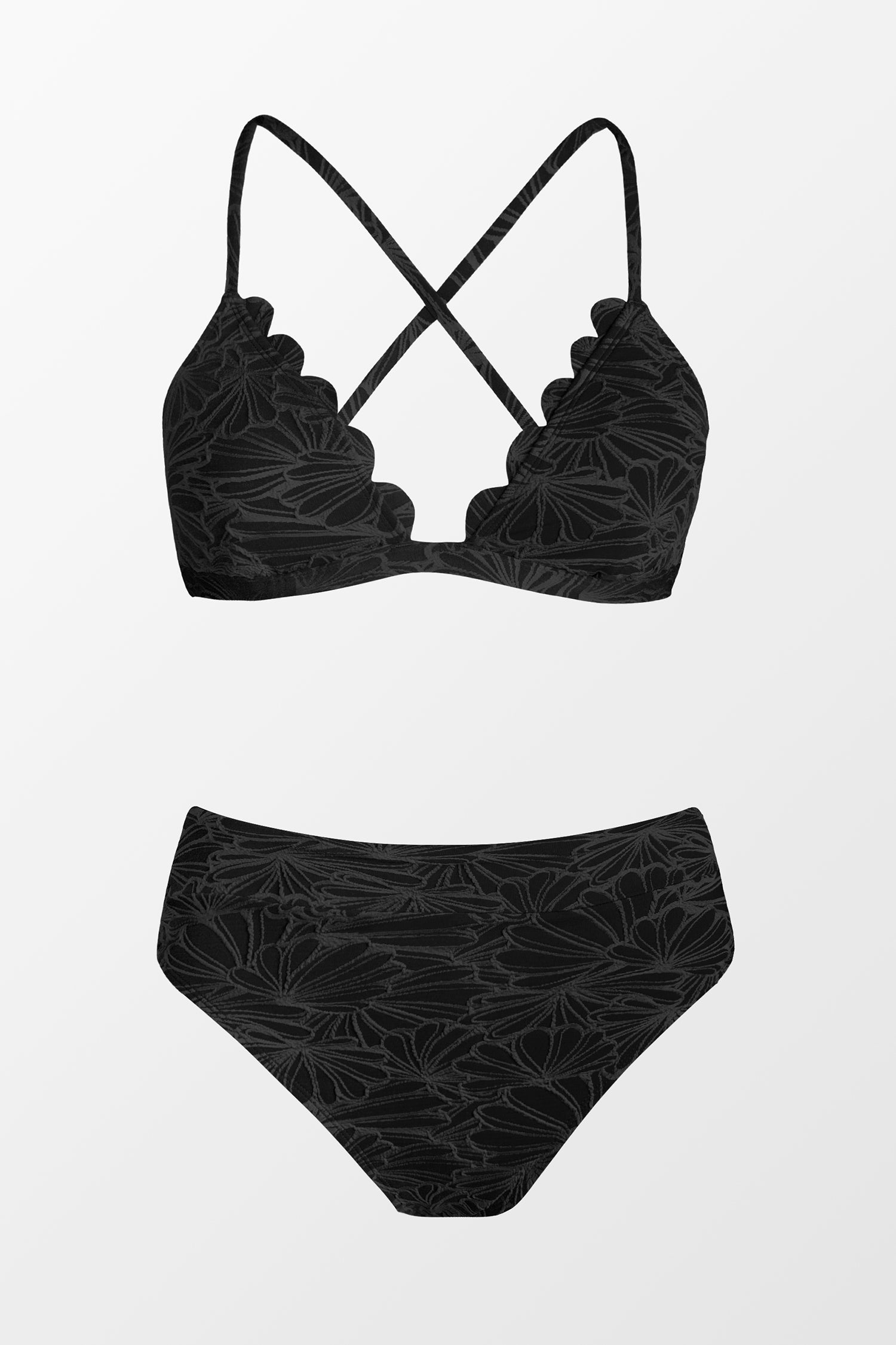 Black Floral Jacquard Scalloped Bralette & High Waist Bikini Set