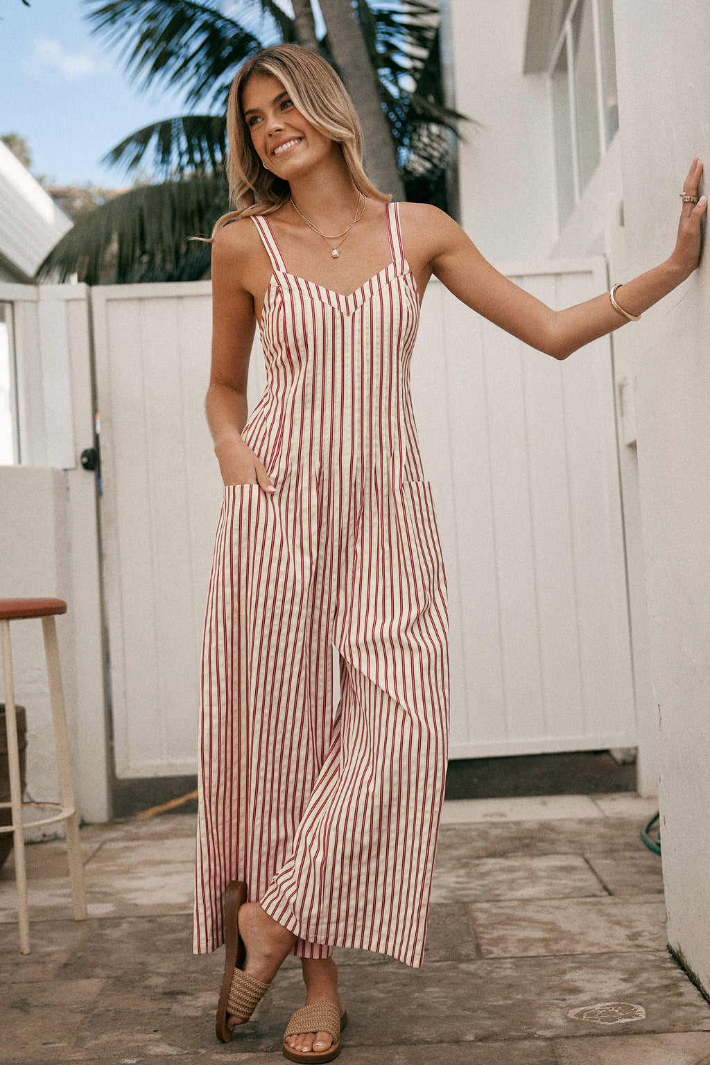Striped Sleeveless V-Neck Wide Leg Jumpsuit