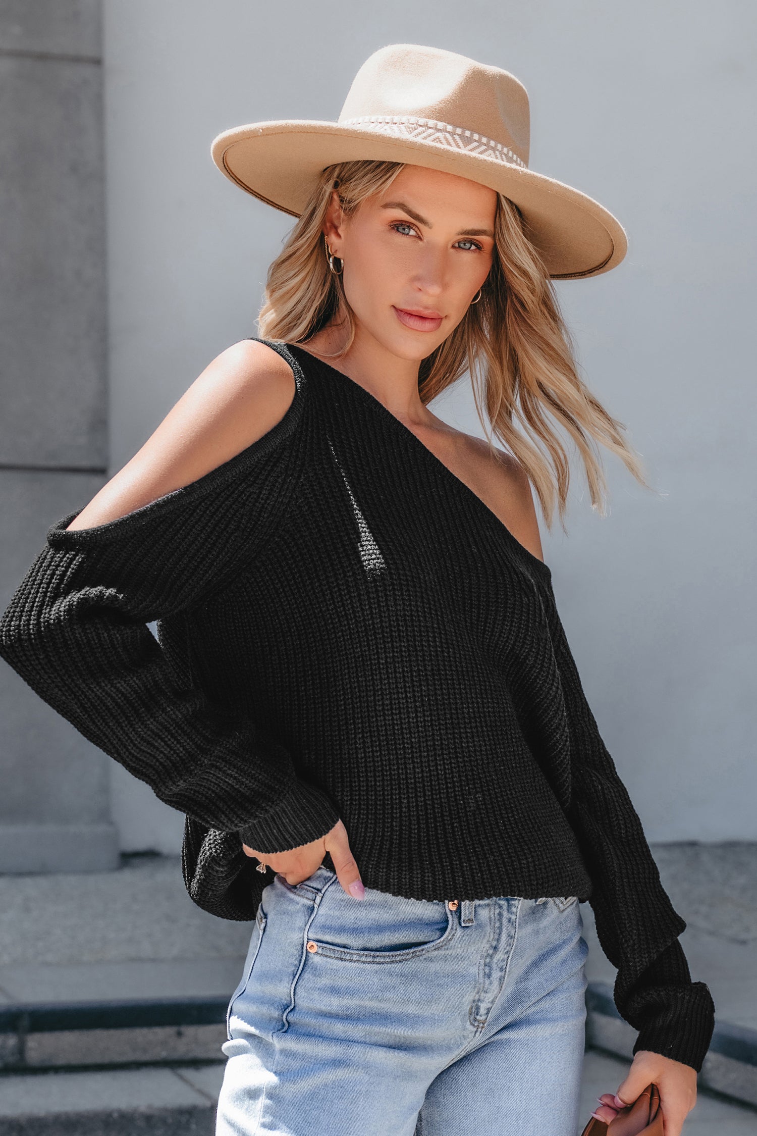 Black Off-Shoulder Cutout Long Sleeve Sweater