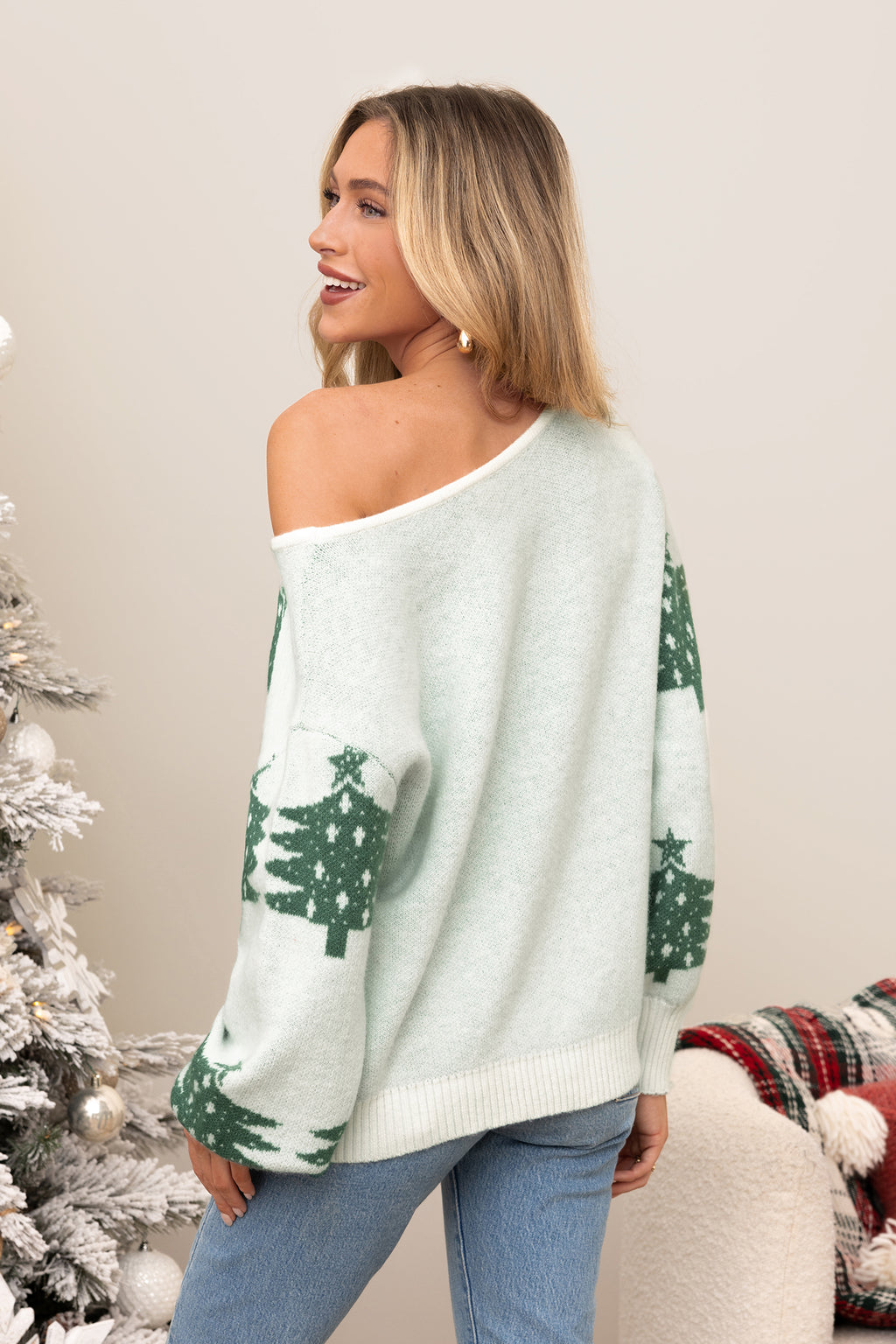 Christmas Tree Off-Shoulder Long Sleeve Sweater