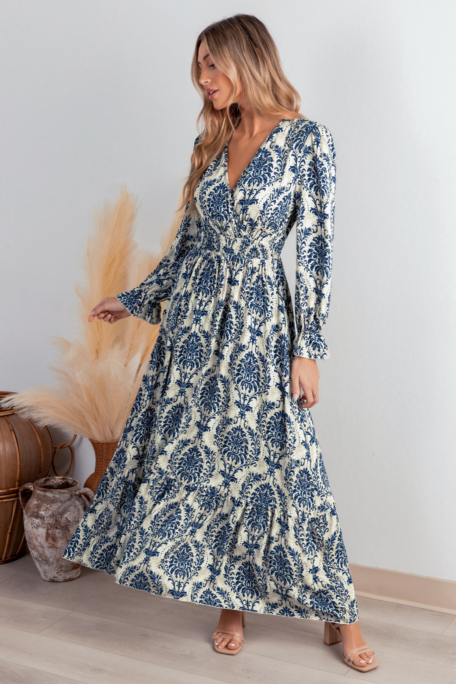 Blue Damask Blouson Sleeve Ruffle Cuff Maxi Dress
