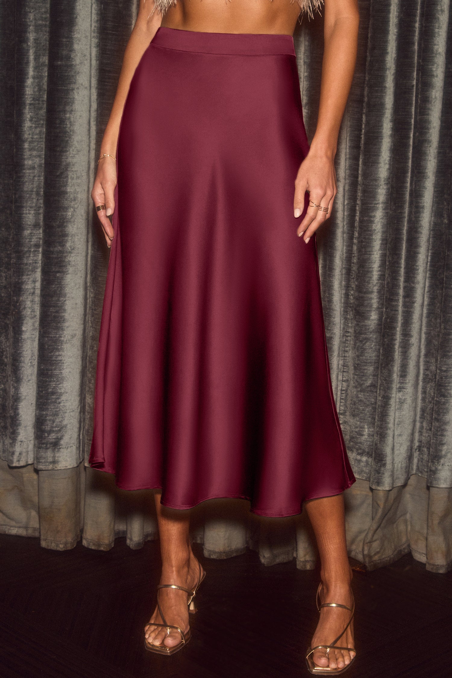 Red Satin Midi Skirt