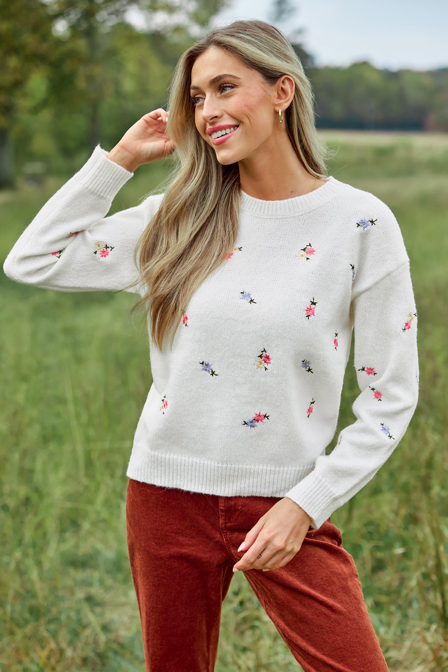 White Floral Embroidered Long Sleeve Sweater Top