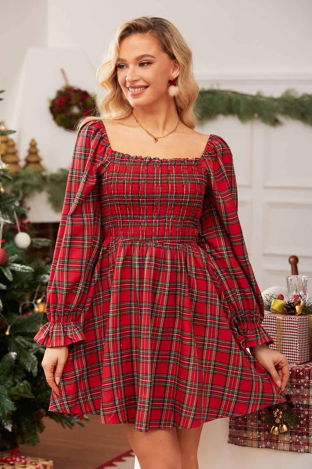 Red Plaid Square Neck Puff Sleeve Mini Dress