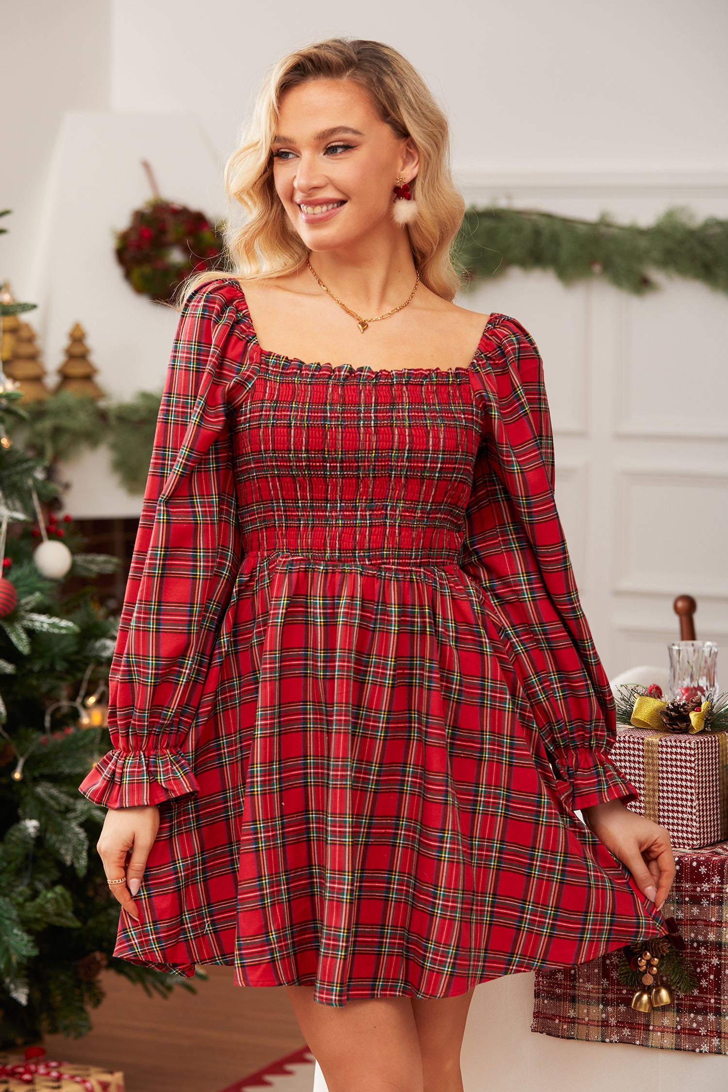 Red Plaid Square Neck Puff Sleeve Mini Dress