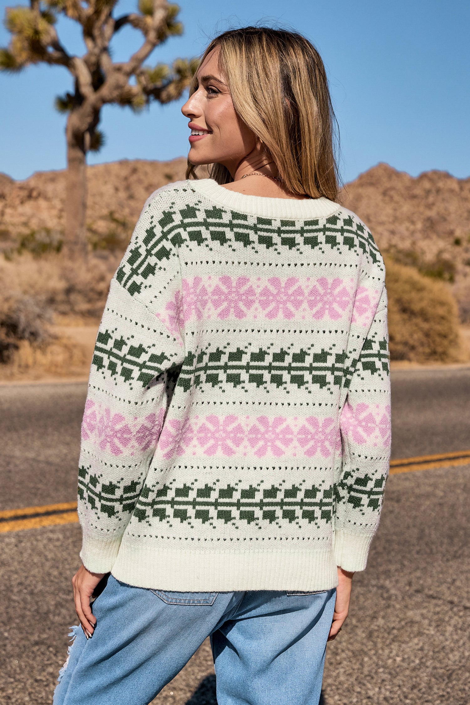 Ivory Snowflake Round Neck Long Sleeve Sweater