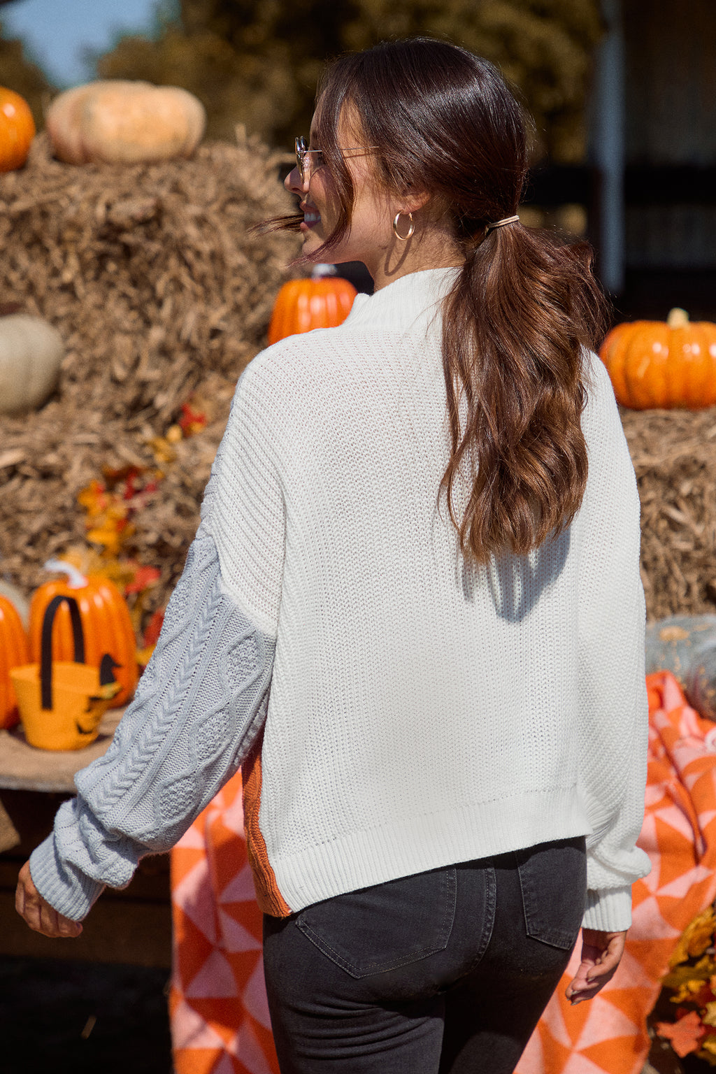 Colorblock Cable Knit Long Sleeve Turtleneck Sweater