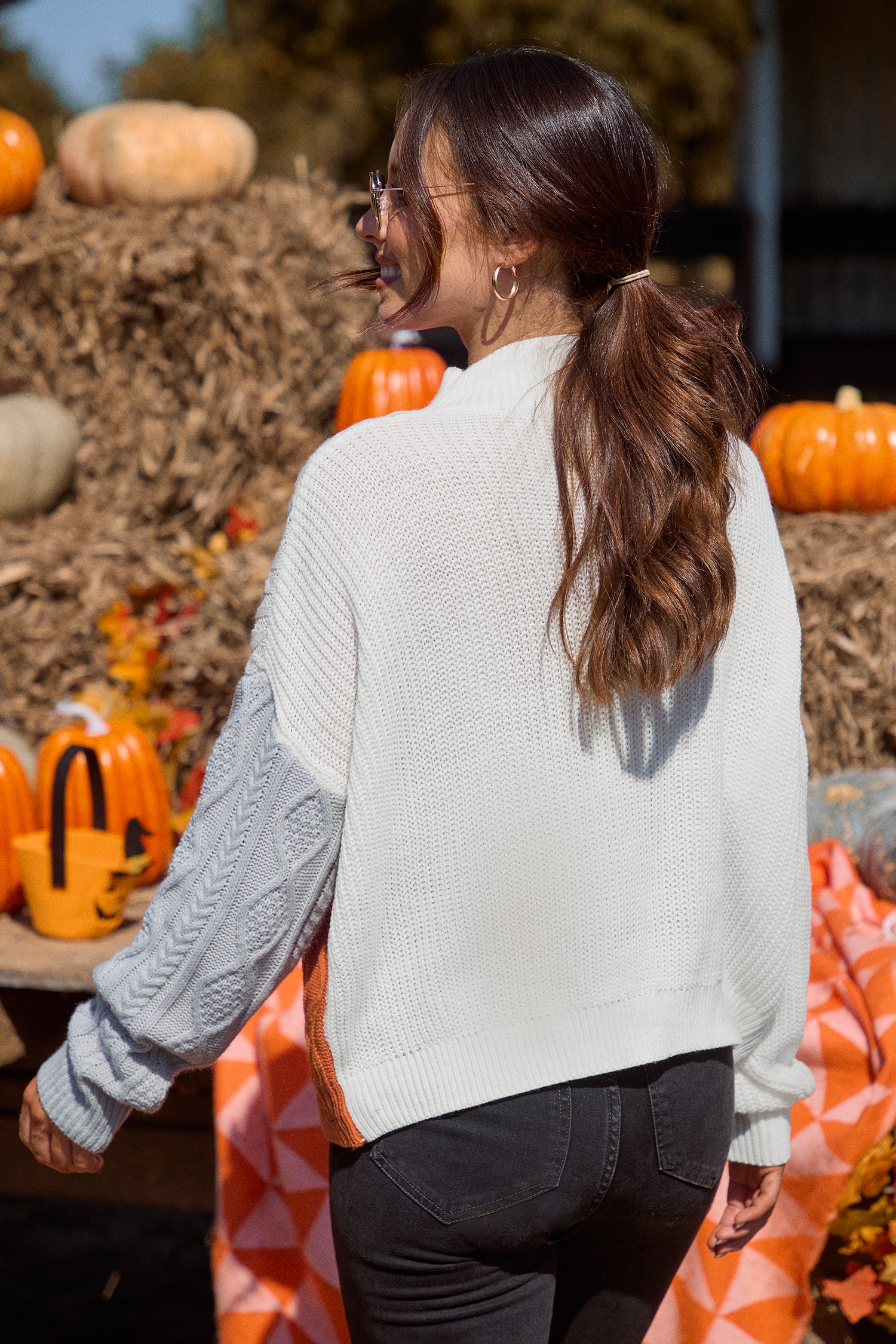 Colorblock Cable Knit Long Sleeve Turtleneck Sweater