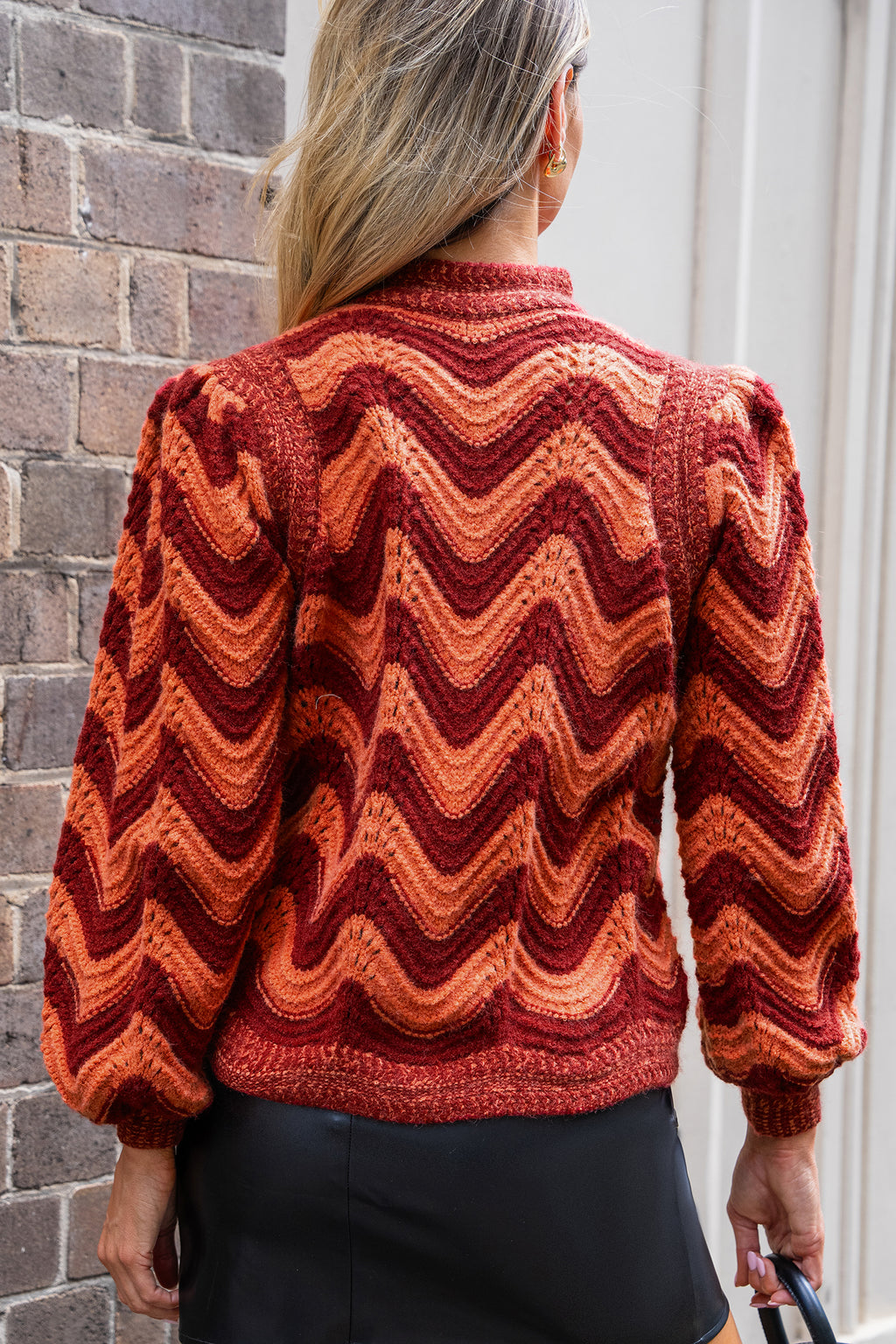 Red & Orange Chevron Puff Sleeve Mockneck Top