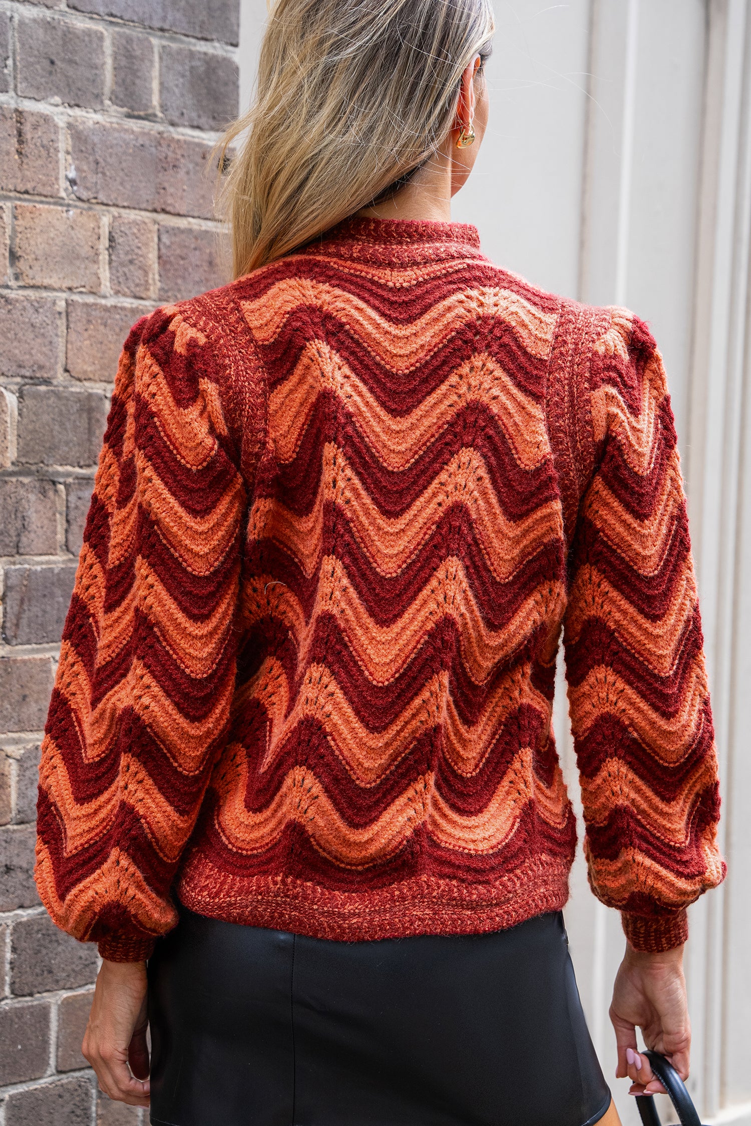 Red & Orange Chevron Puff Sleeve Mockneck Top
