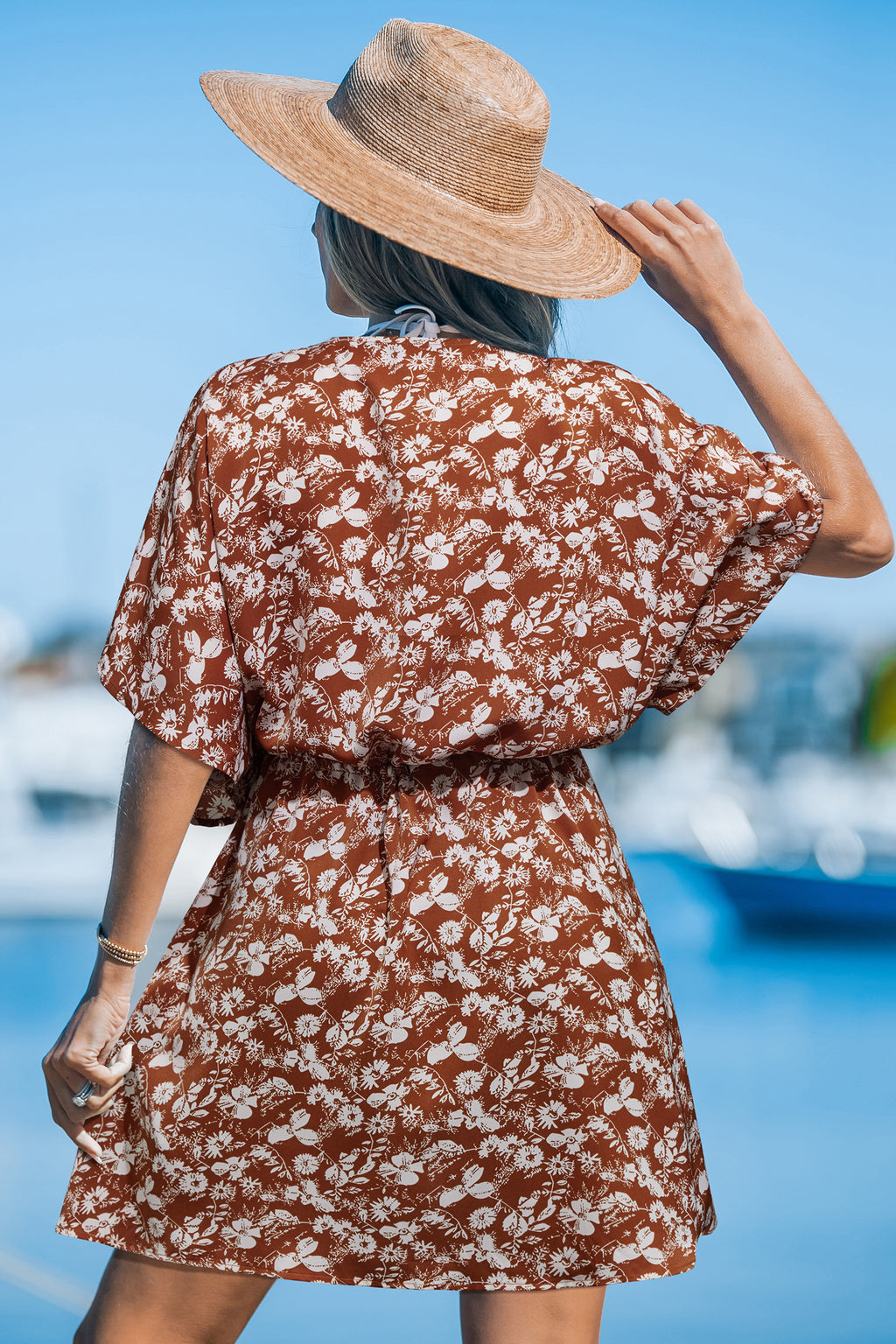 Brown Floral Plunging Dolman Sleeve Cover-Up