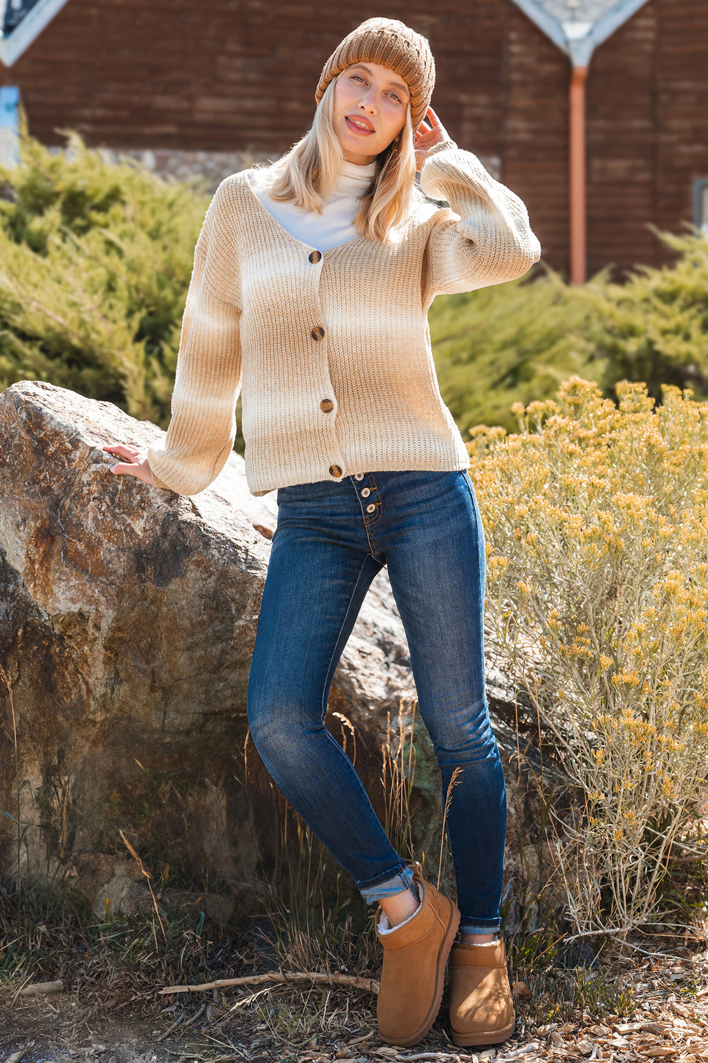Apricot Ombre Puff Sleeve Button Up Cardigan