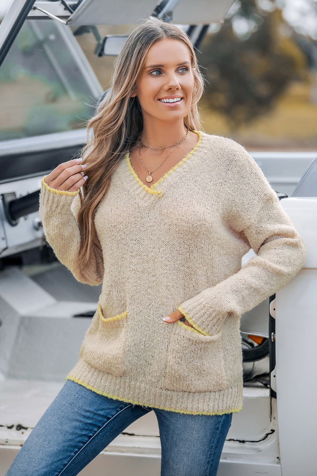Beige V-Neck Long Sleeve Patch Pocket Sweater