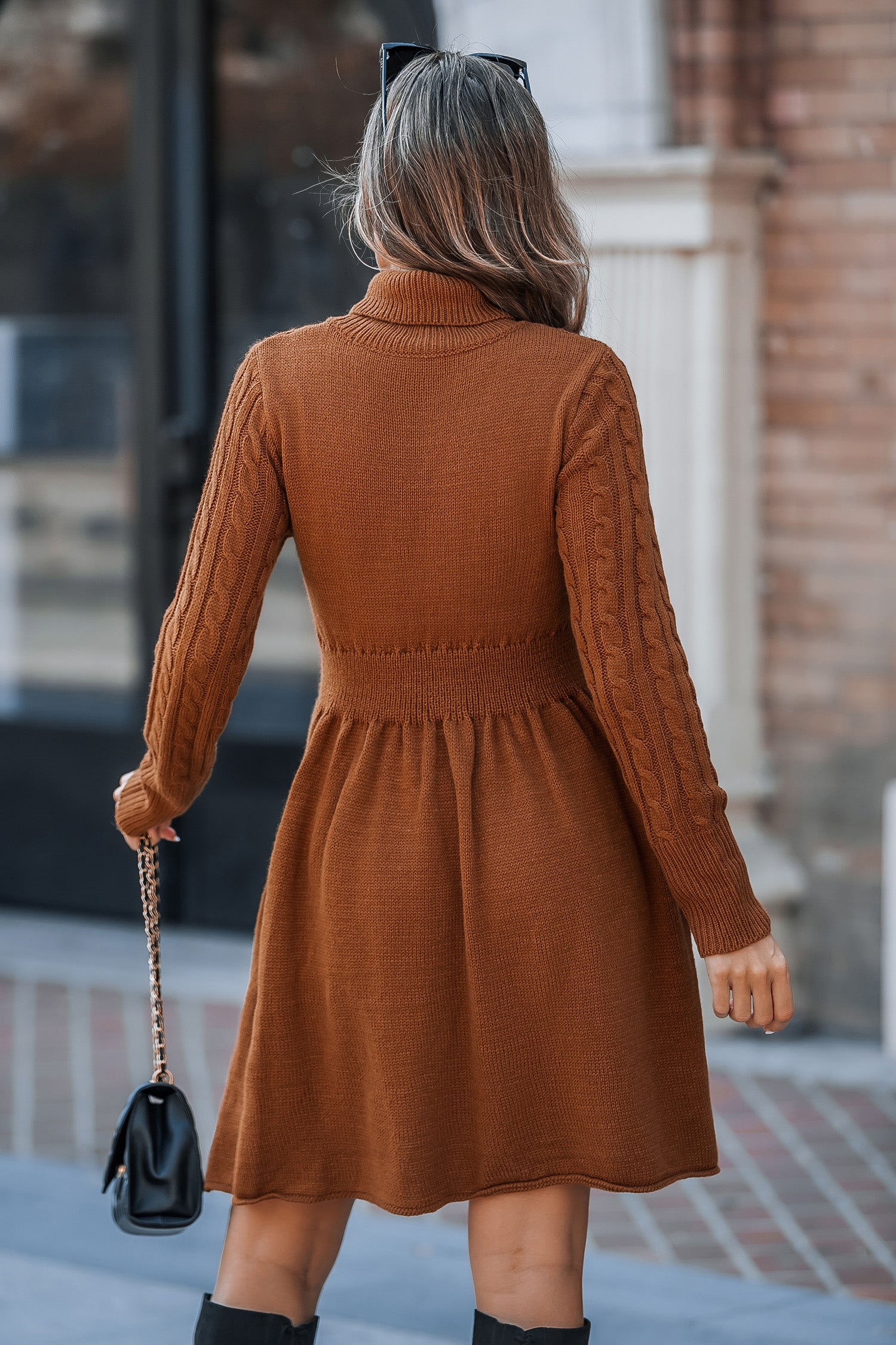 Burnt Orange Cable Knit Mini Sweater Dress