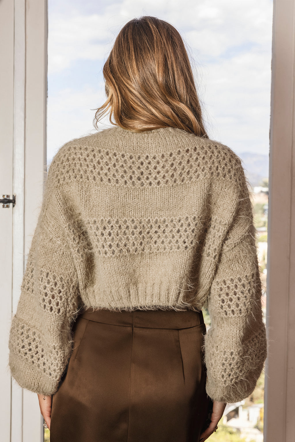 x JoJo Camel Fuzzy Cutout Knit Sweater
