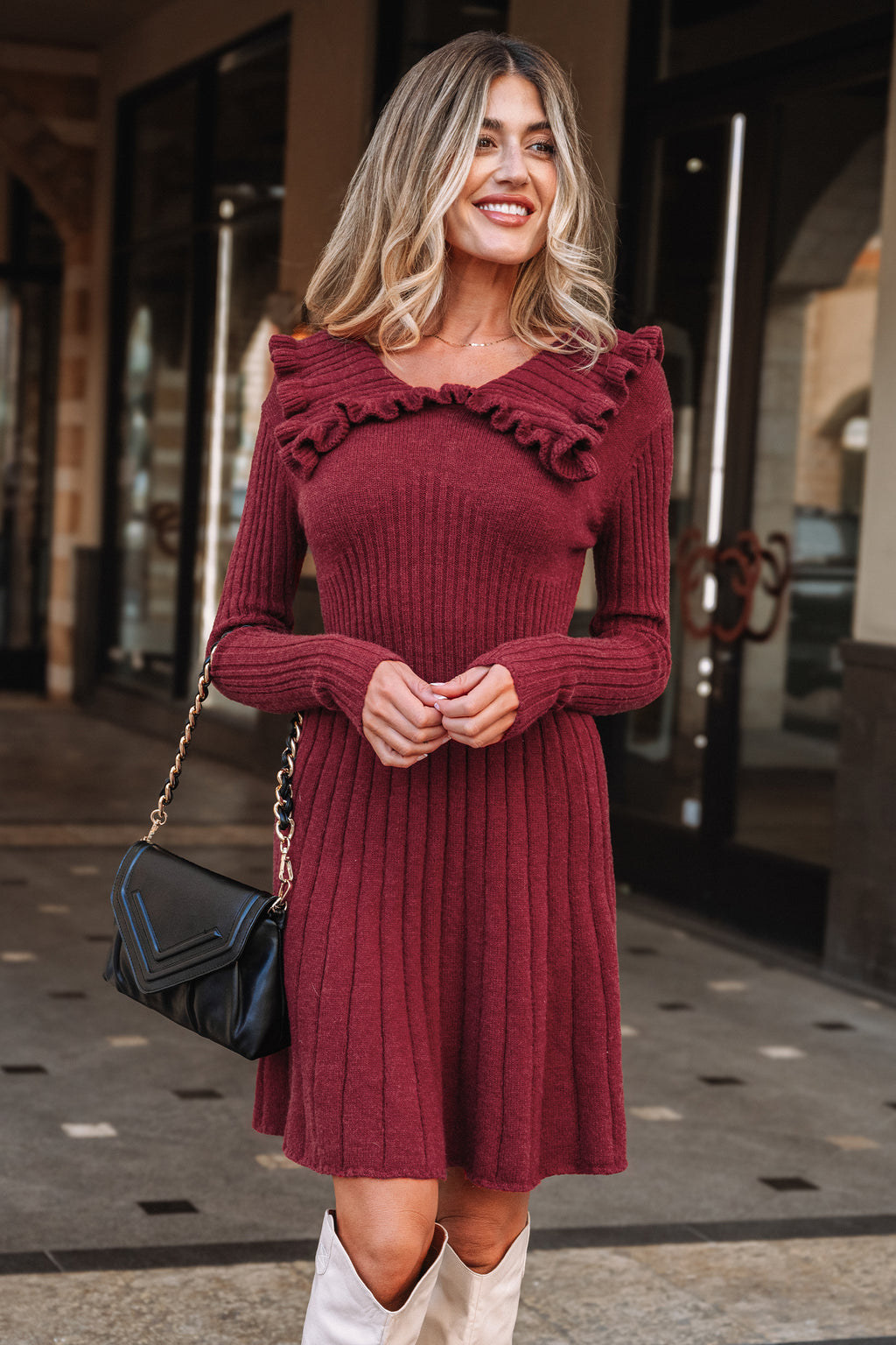 Red Ruffle Collar Long Sleeve Mini Sweater Dress