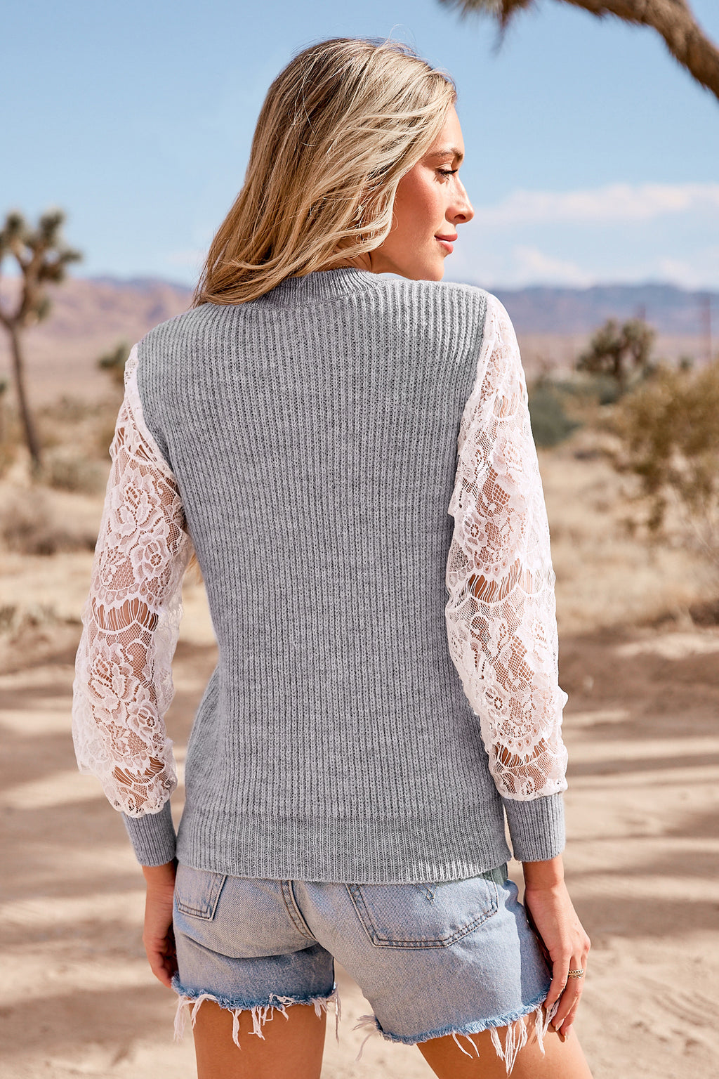 Grey & White Lace Long Sleeve Sweater