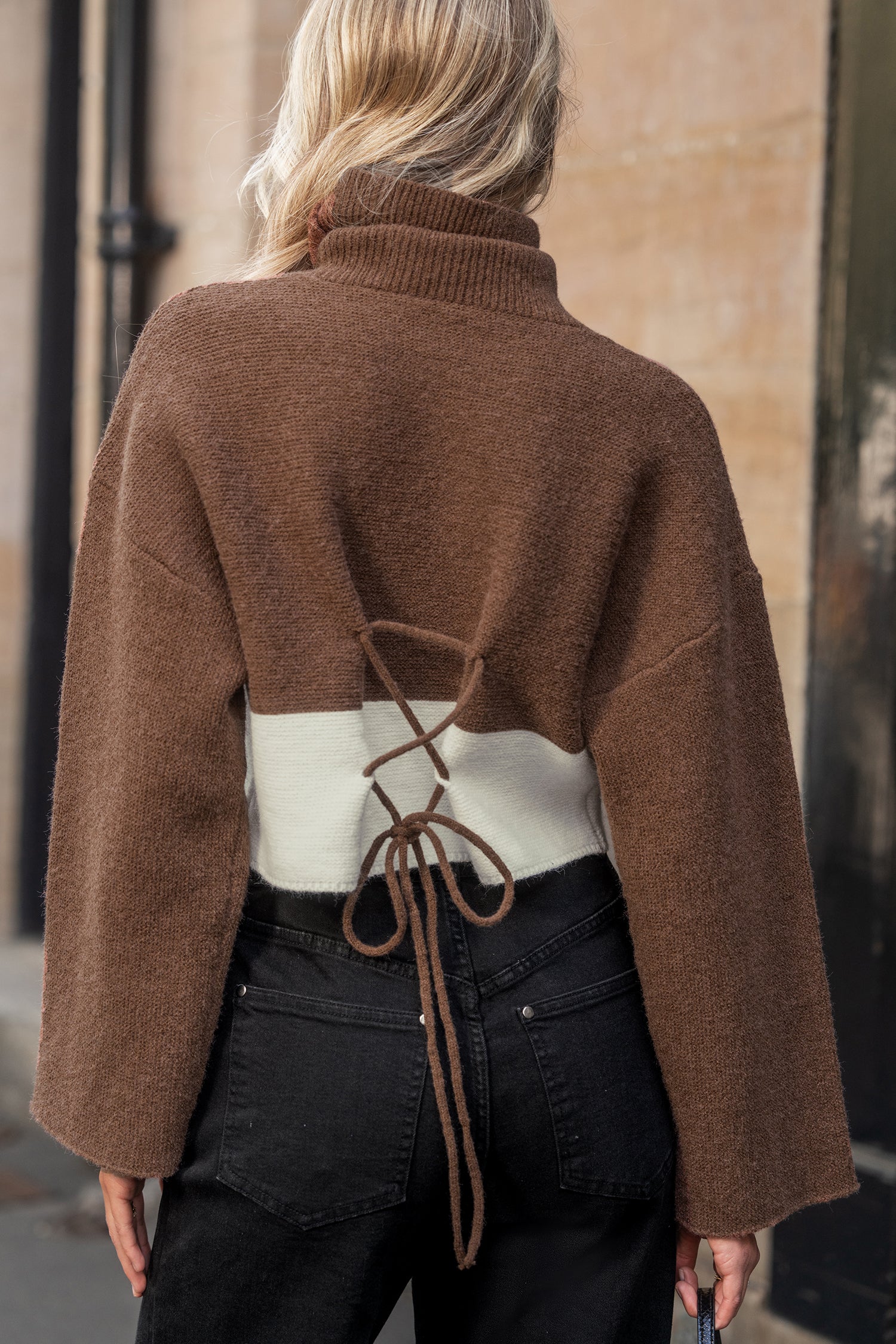 Brown & White Colorblock Flared Sleeve Cropped Turtleneck