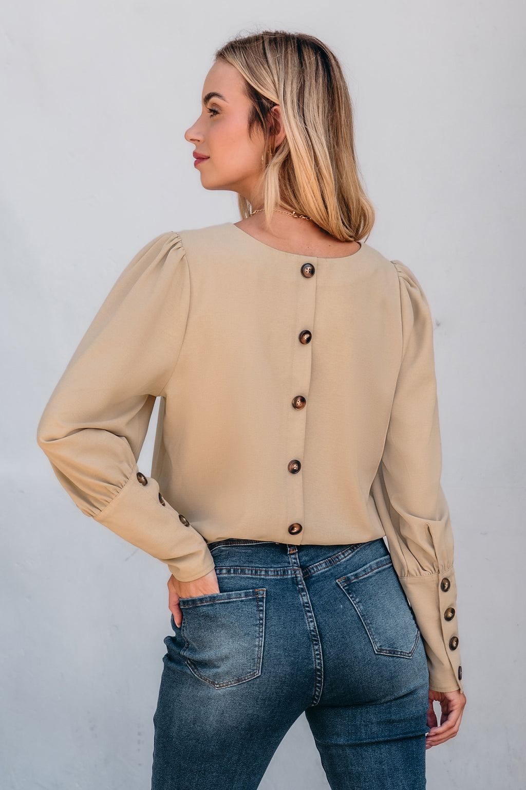 Khaki Round Neck Puff Sleeve Back Button Blouse