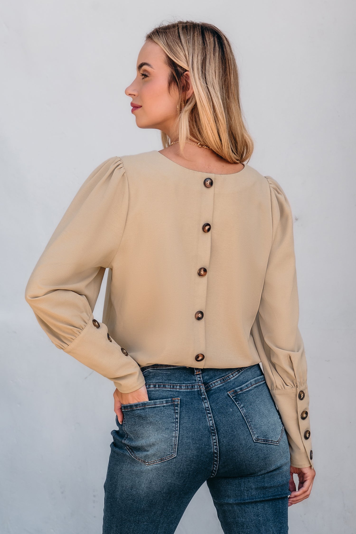 Khaki Round Neck Puff Sleeve Back Button Blouse