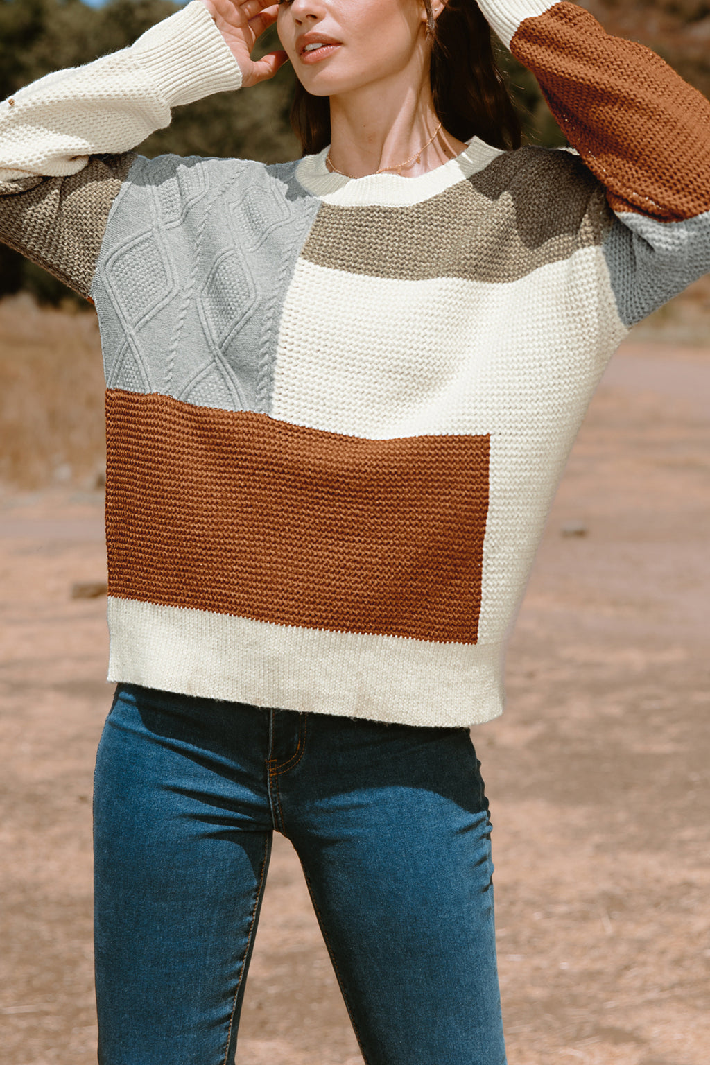 Colorblock Round Neck Long Sleeve Drop Shoulder Sweater