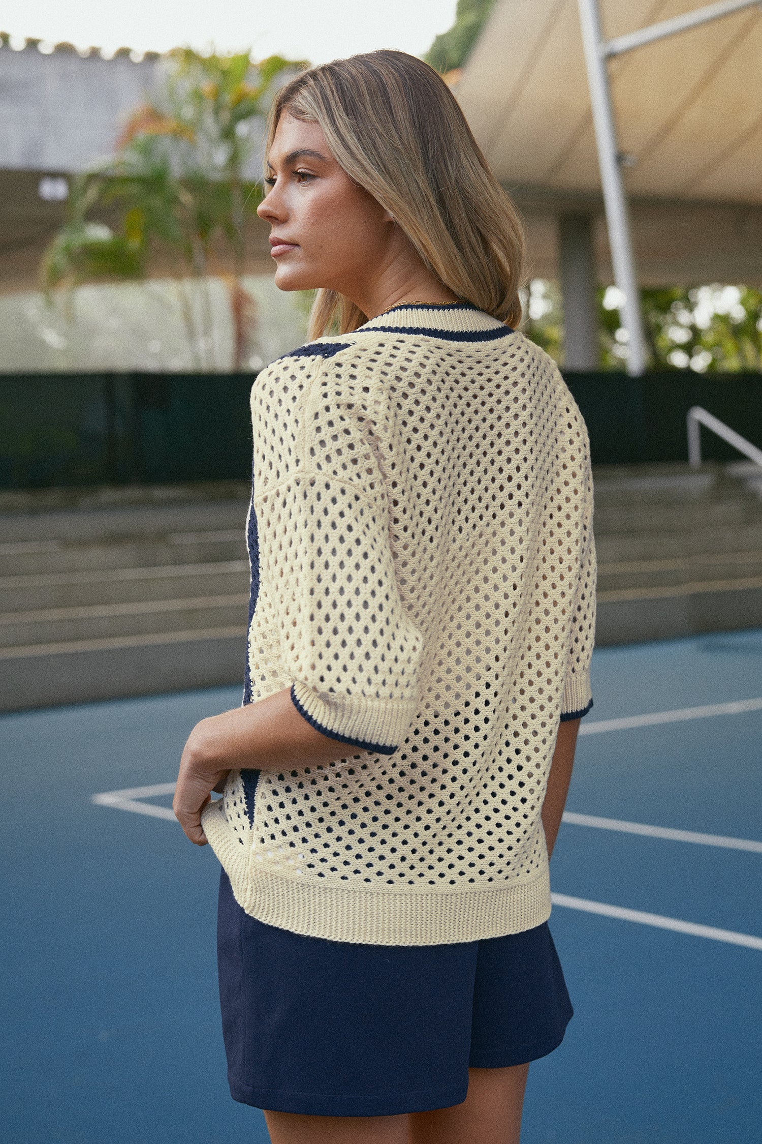 Khaki Colorblock Half Sleeve Open Knit Sweater