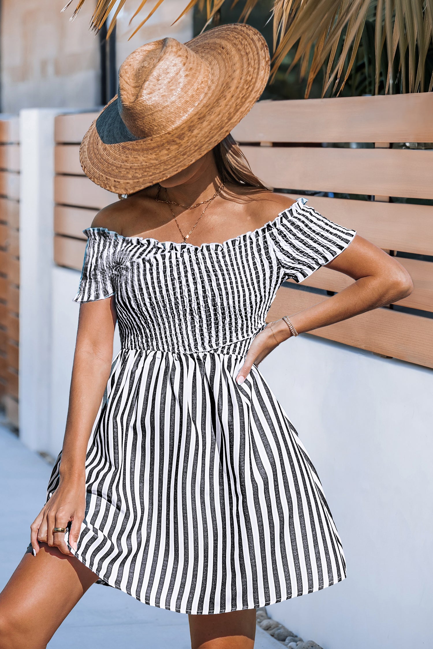 Striped Off-Shoulder Smocked Mini Dress
