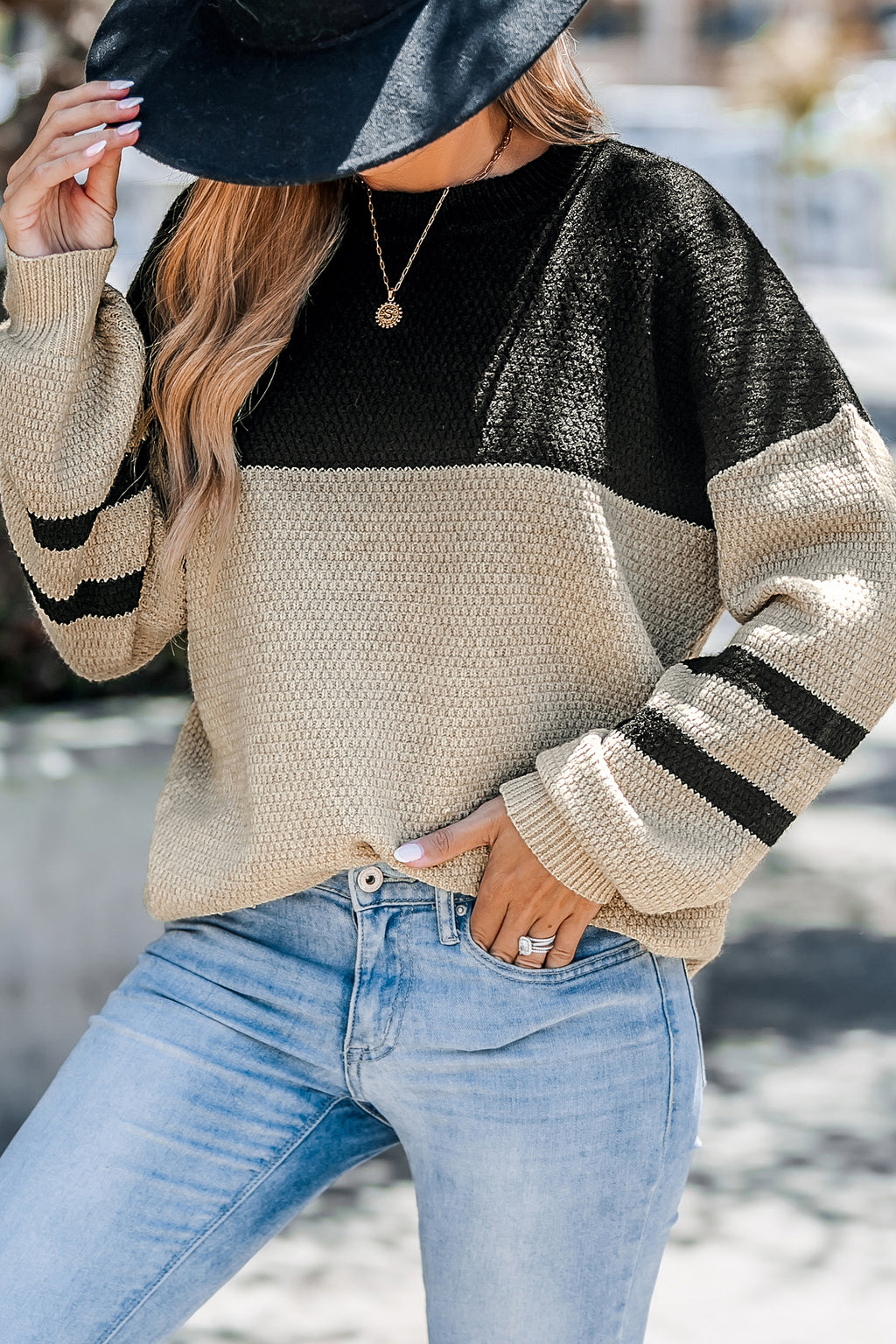 Brown & Black Colorblock Long Puff Sleeve Sweater
