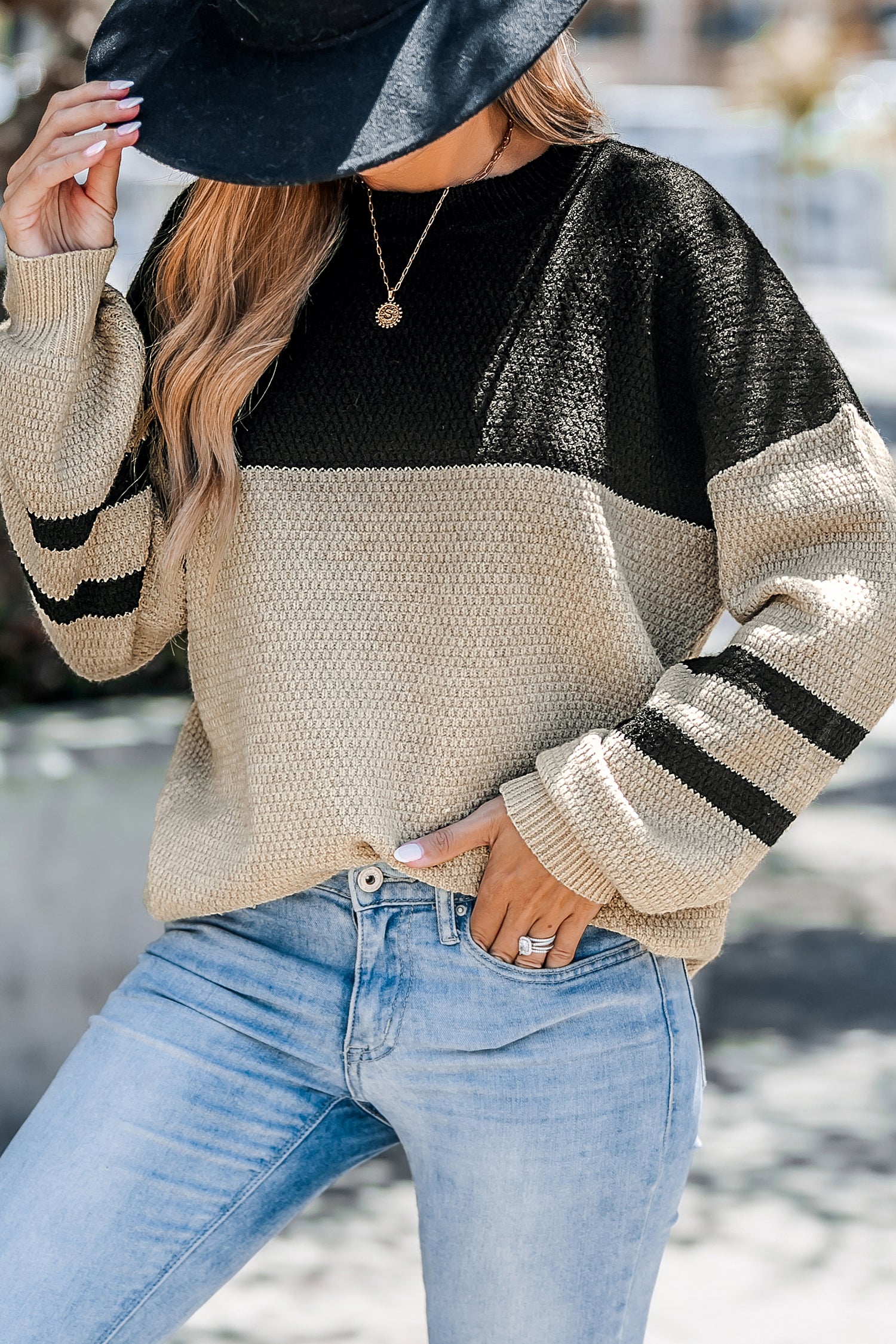 Brown & Black Colorblock Long Puff Sleeve Sweater