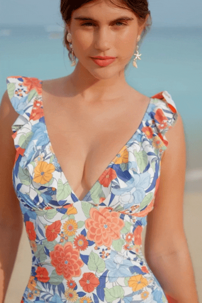 Floral Plunging Flutter Strap Tummy Control One-Piece