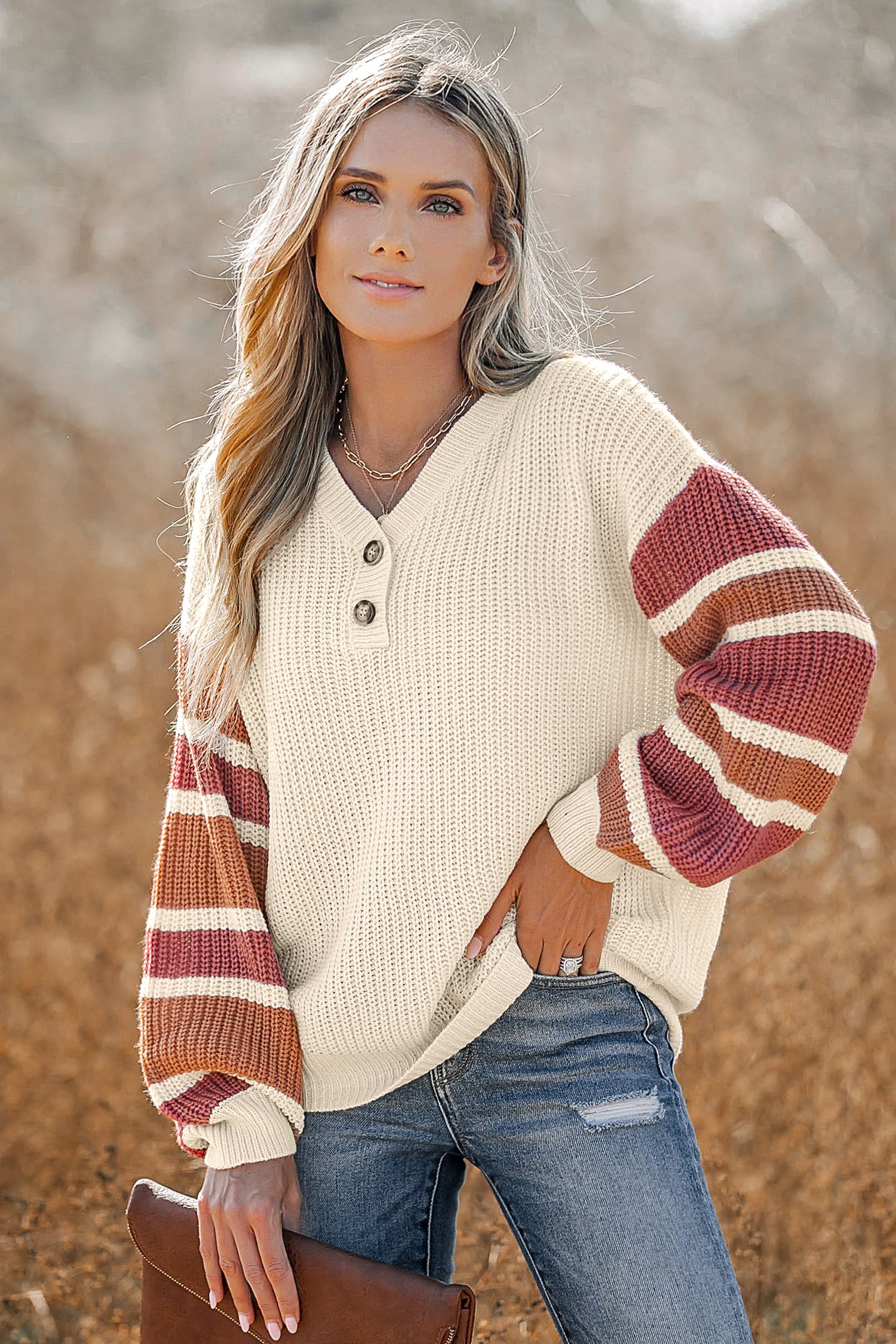 V-Neck Buttoned Striped Sweater