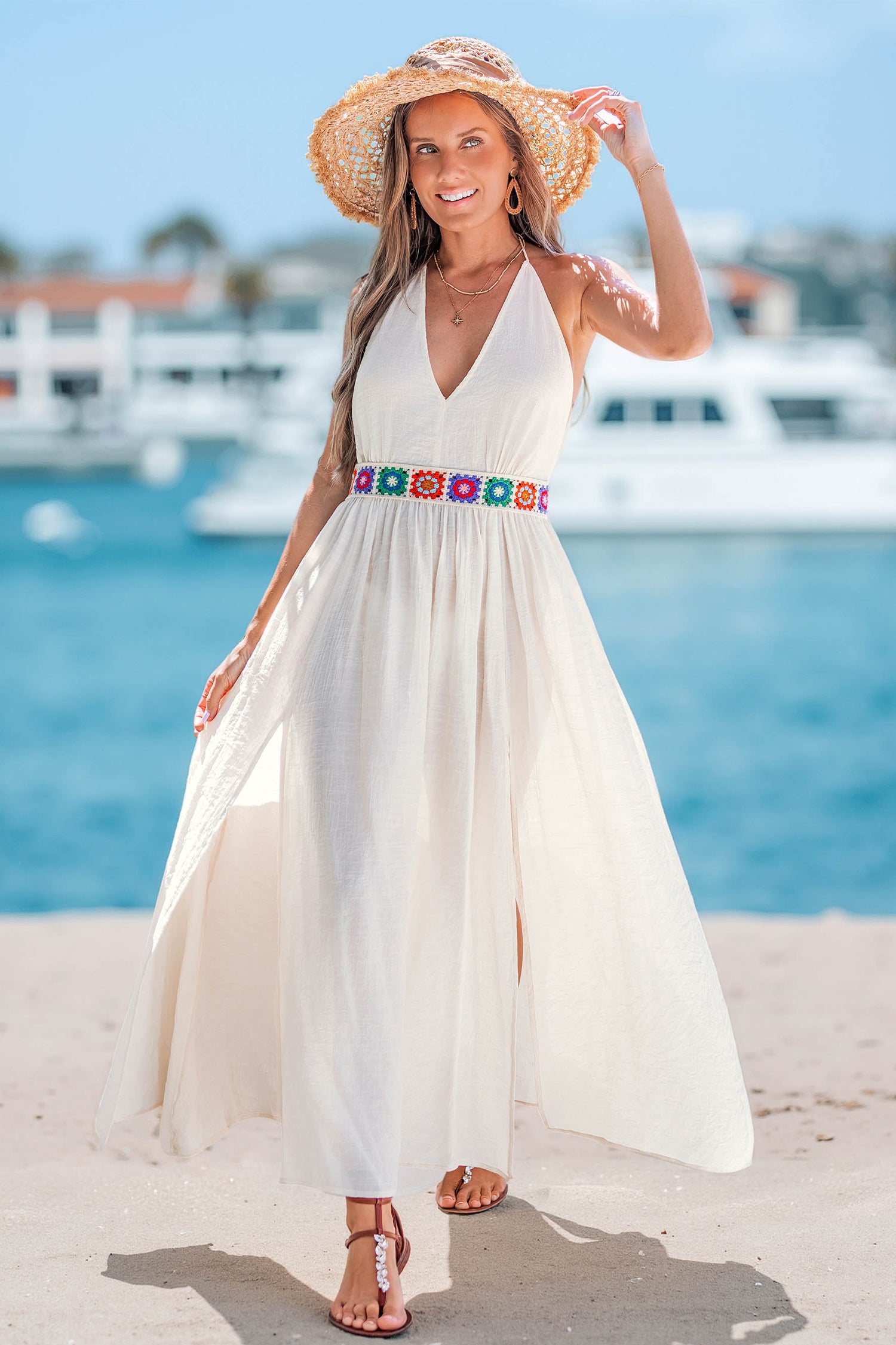 Serene Wave Beige Cover-Up Midi Dress