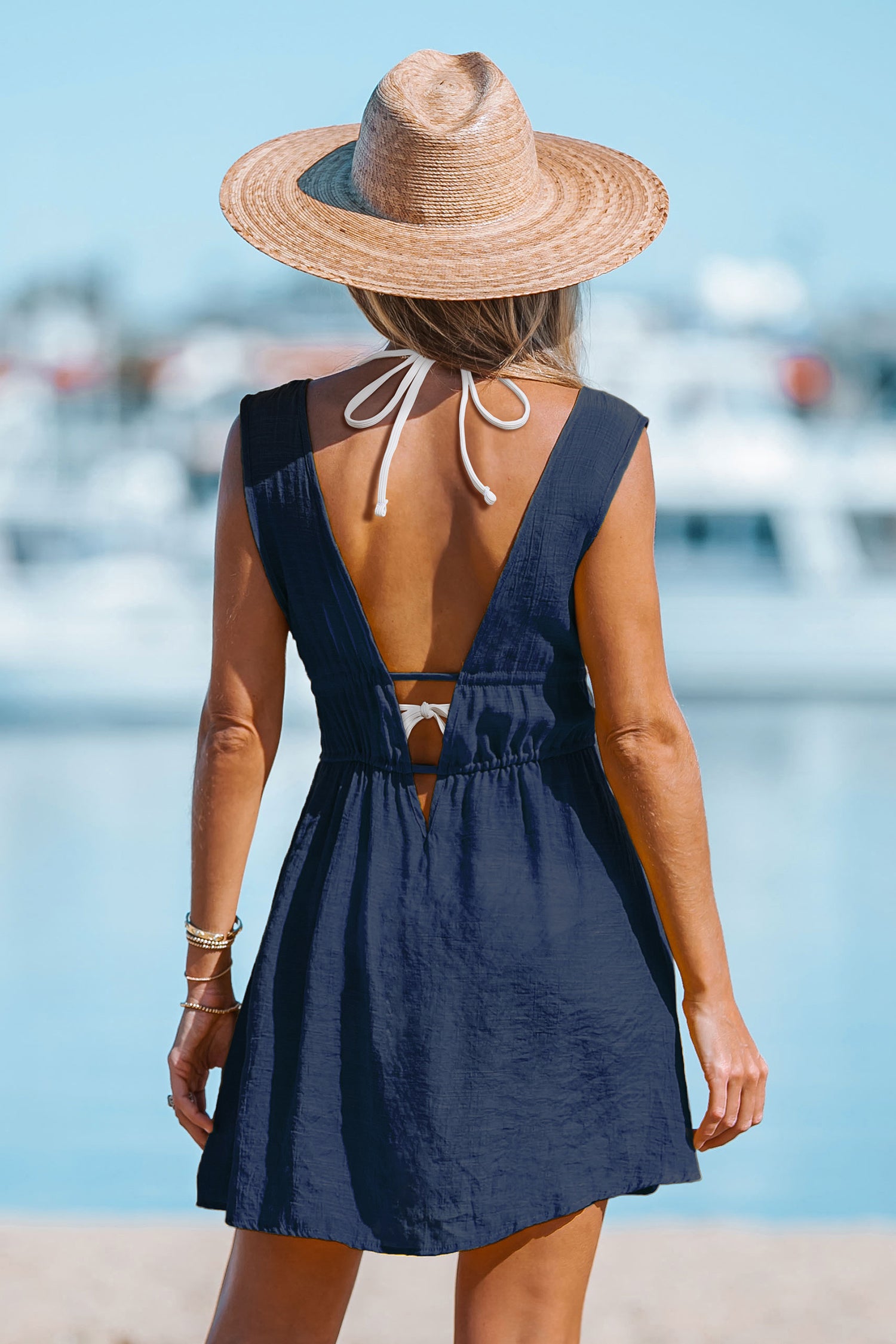 Navy Plunging Double Waist Tie Cover-Up Dress