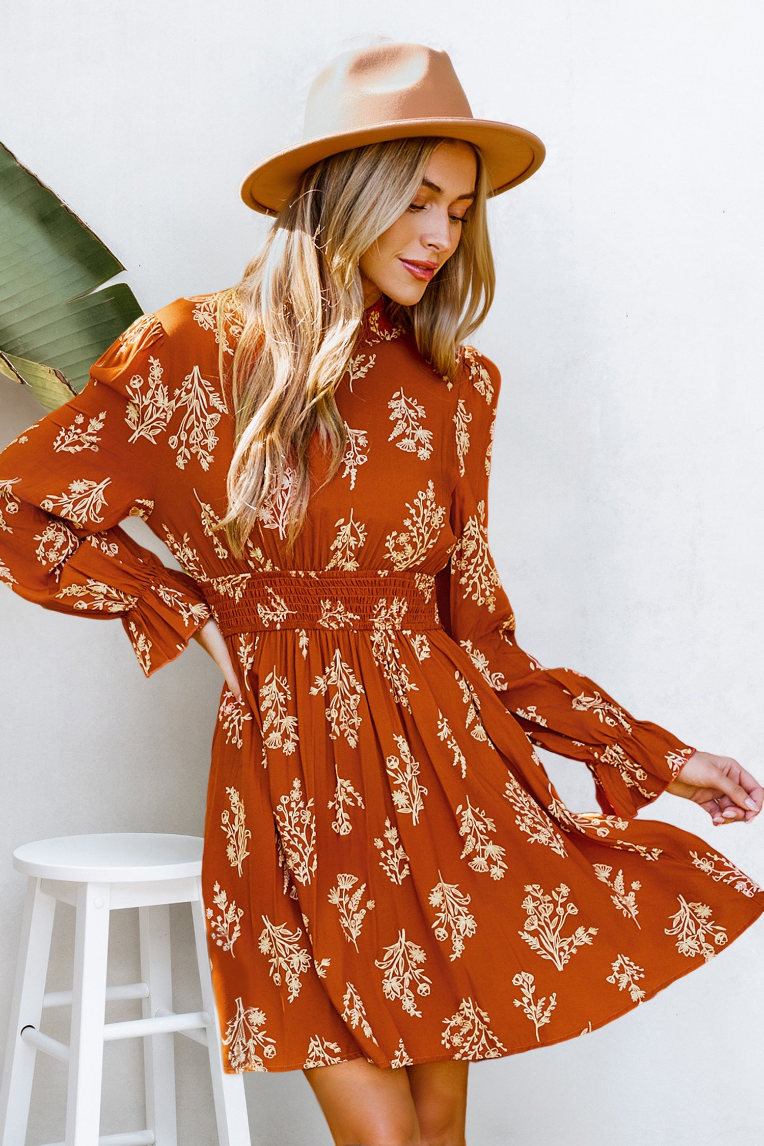 Burnt Orange Floral Blouson Sleeve Mini Dress