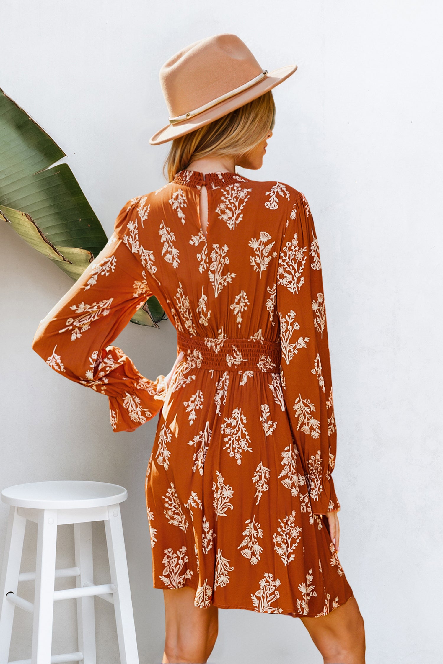 Burnt Orange Floral Blouson Sleeve Mini Dress