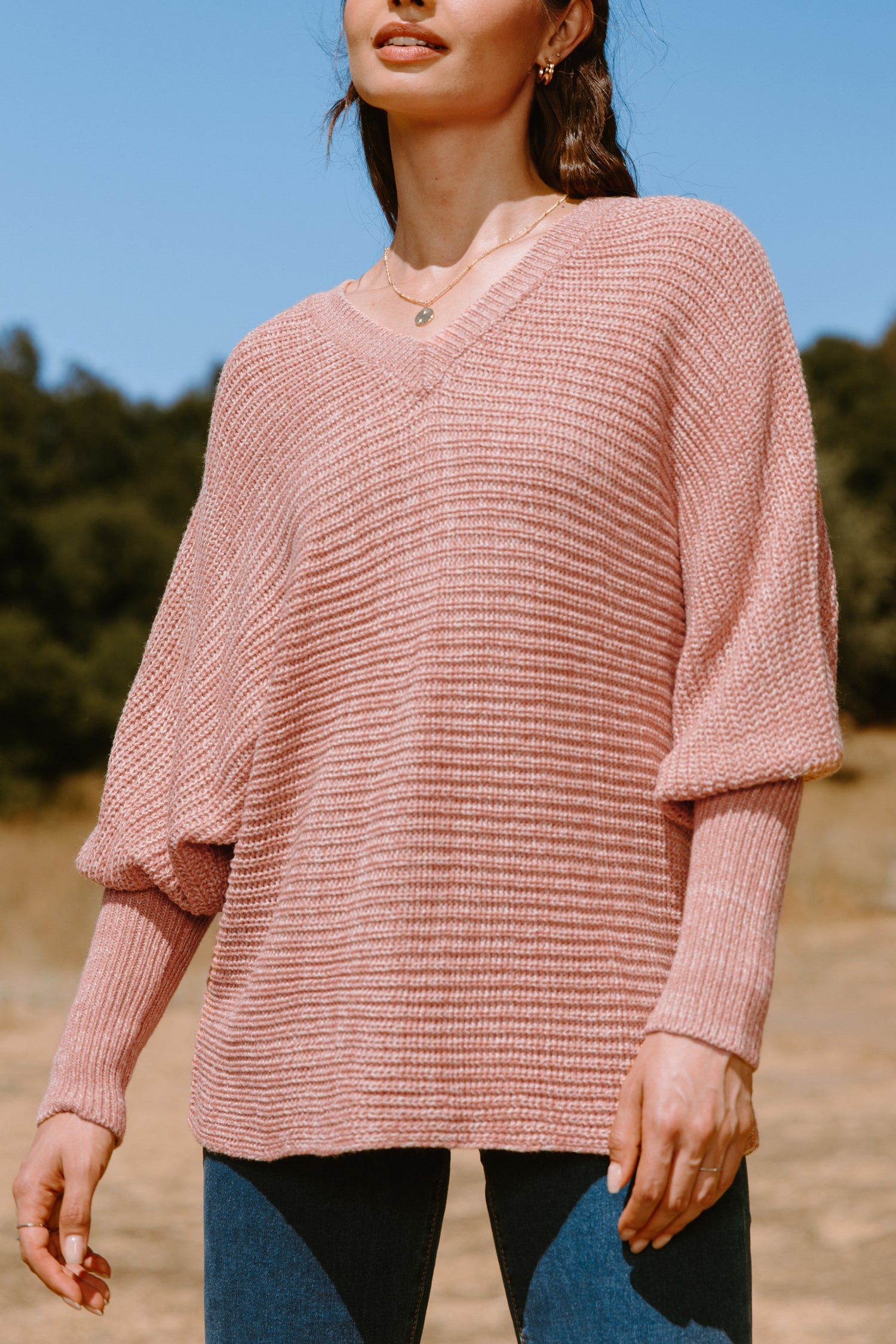 Pink V-Neck Slouchy Sleeve Sweater