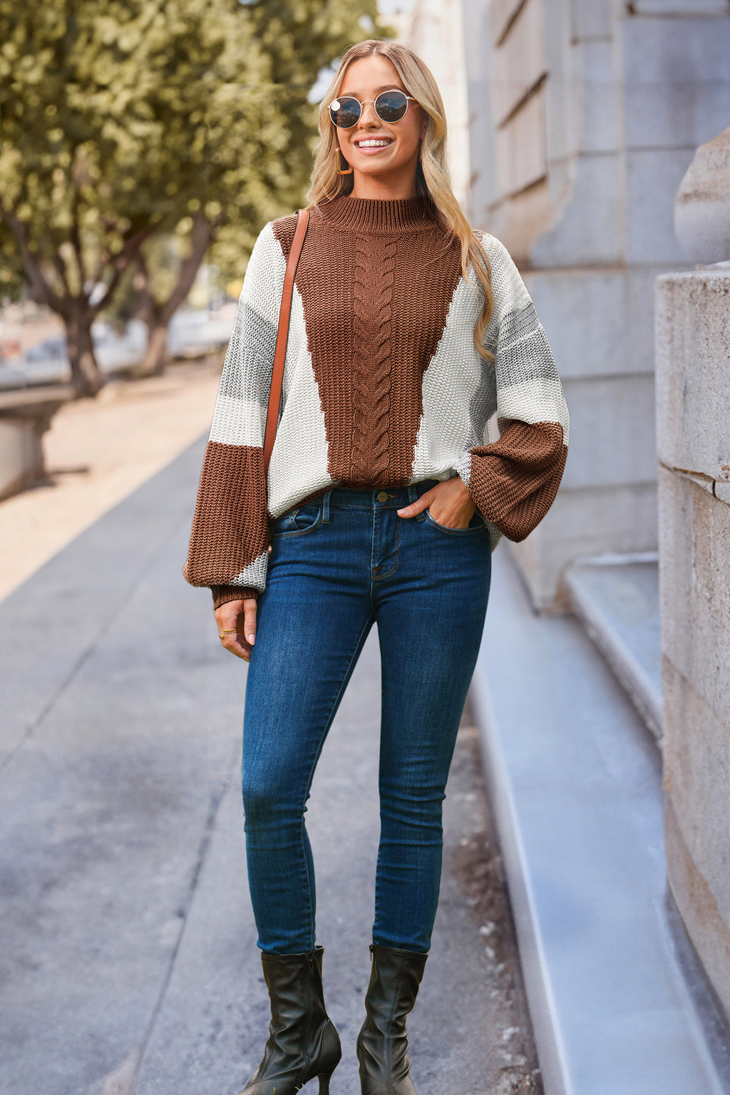 Colorblock Cable Knit Long Sleeve Turtleneck Sweater
