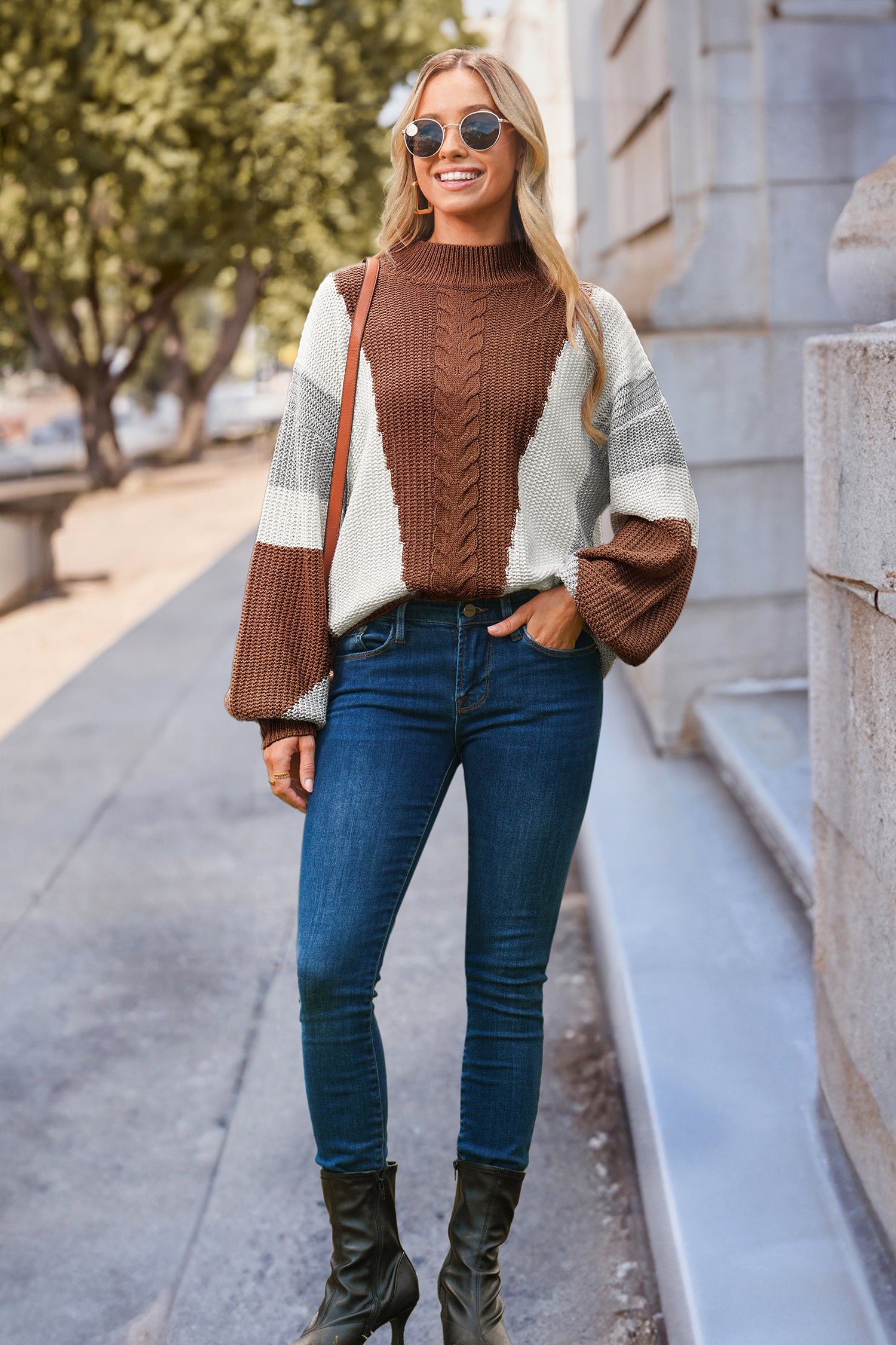 Colorblock Cable Knit Long Sleeve Turtleneck Sweater