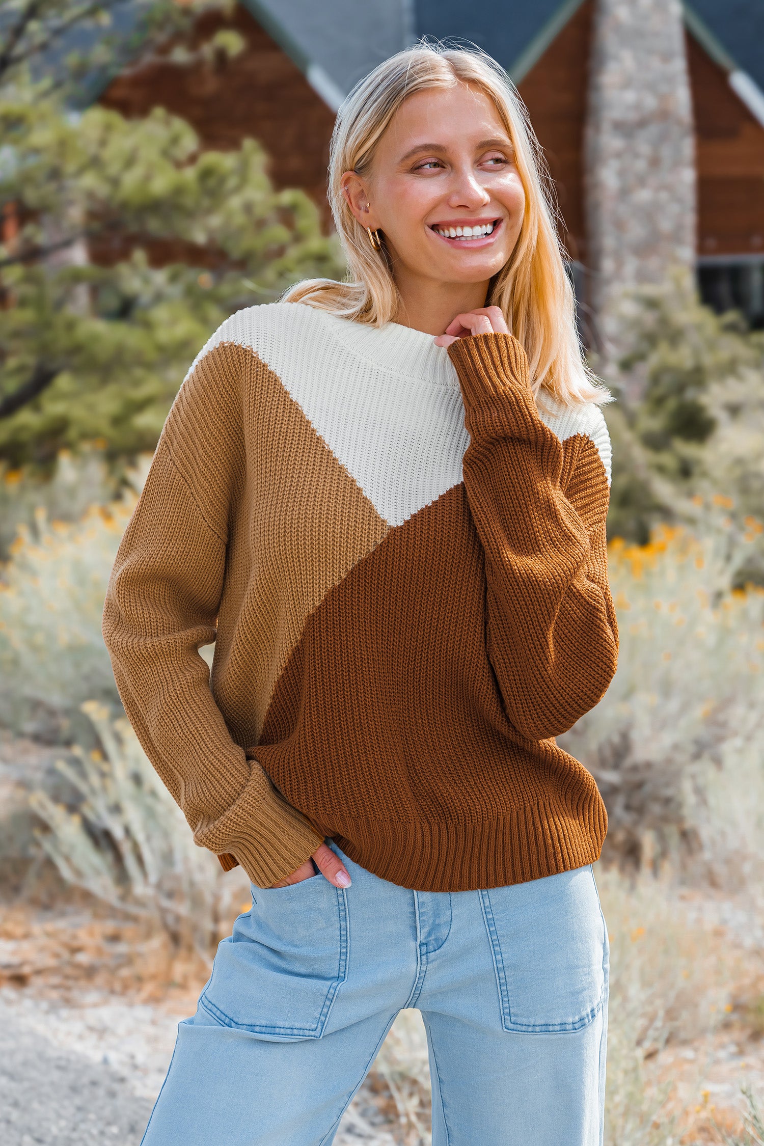 Autumn Colorblock High Neck Long Sleeve Sweater