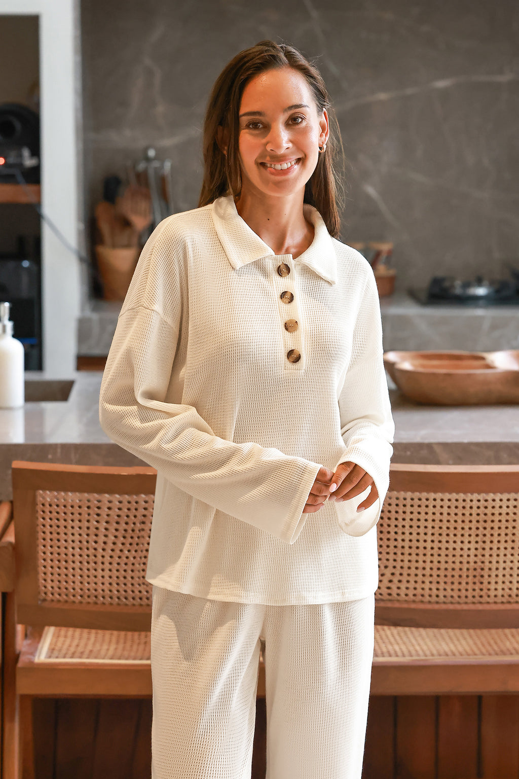 Waffle Knit Collared Long Sleeve Top & Pajama Bottoms Set