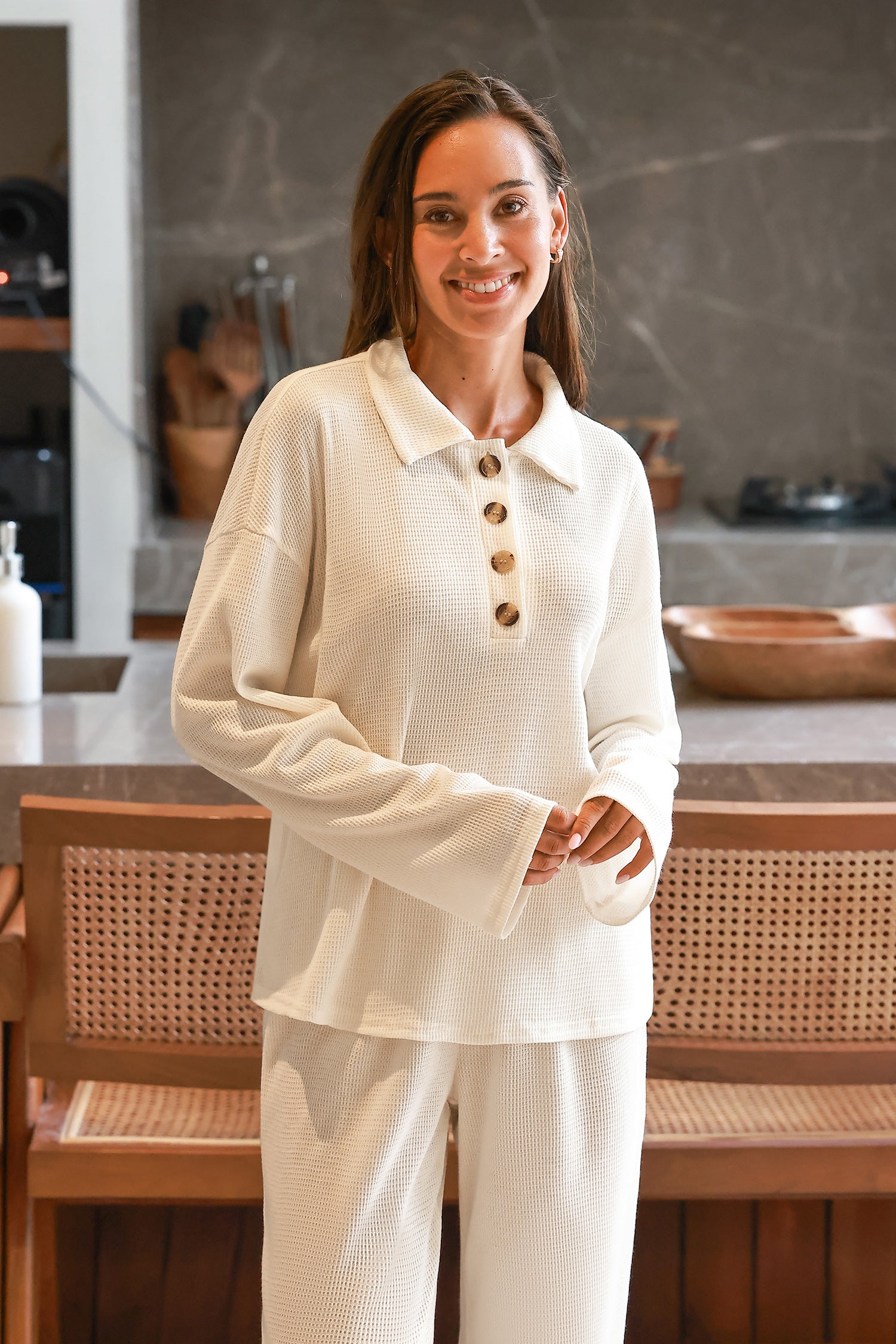 Waffle Knit Collared Long Sleeve Top & Pajama Bottoms Set