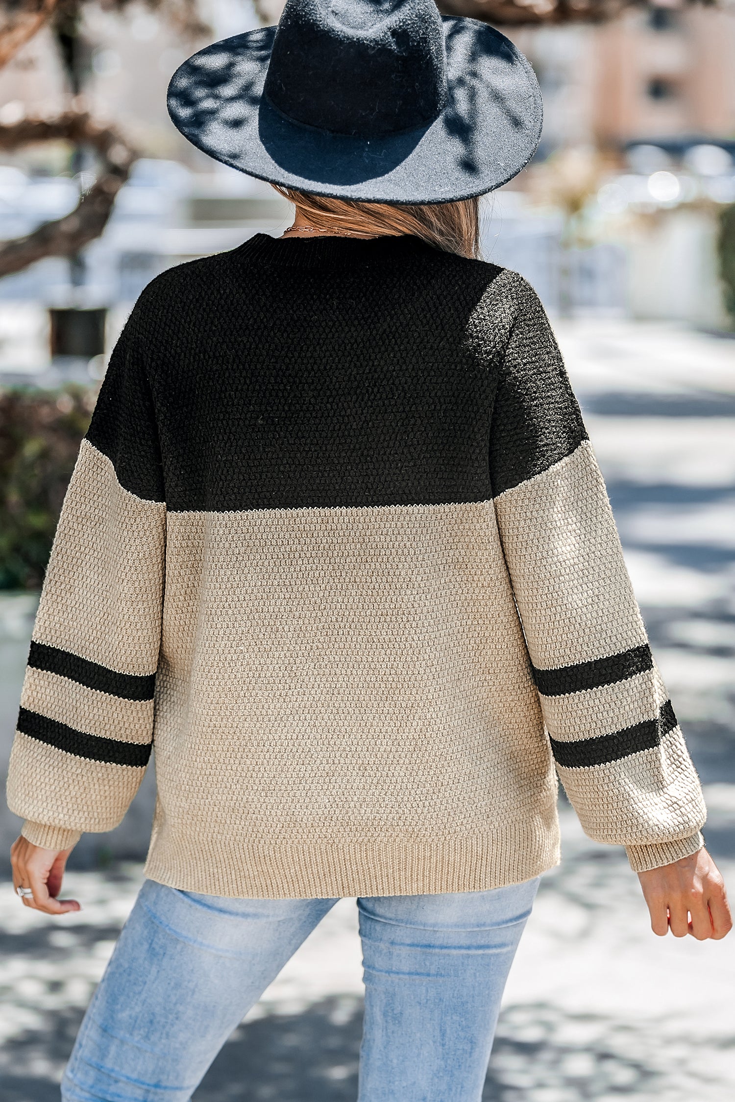 Brown & Black Colorblock Long Puff Sleeve Sweater