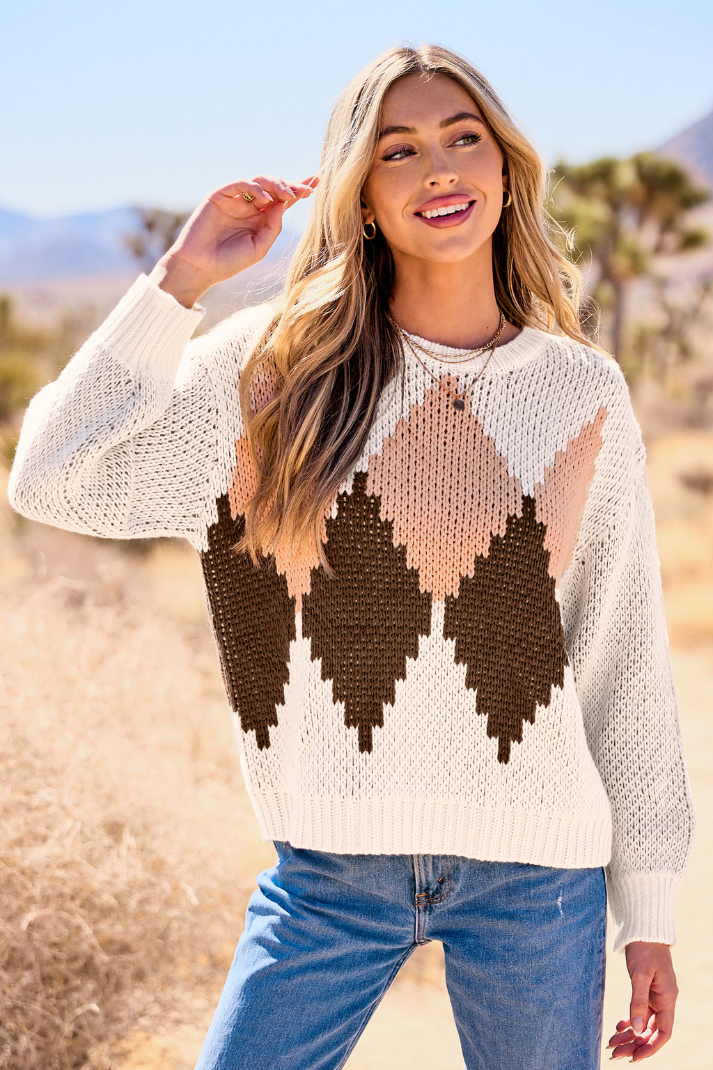 Geo Round Neck Long Sleeve Knit Sweater