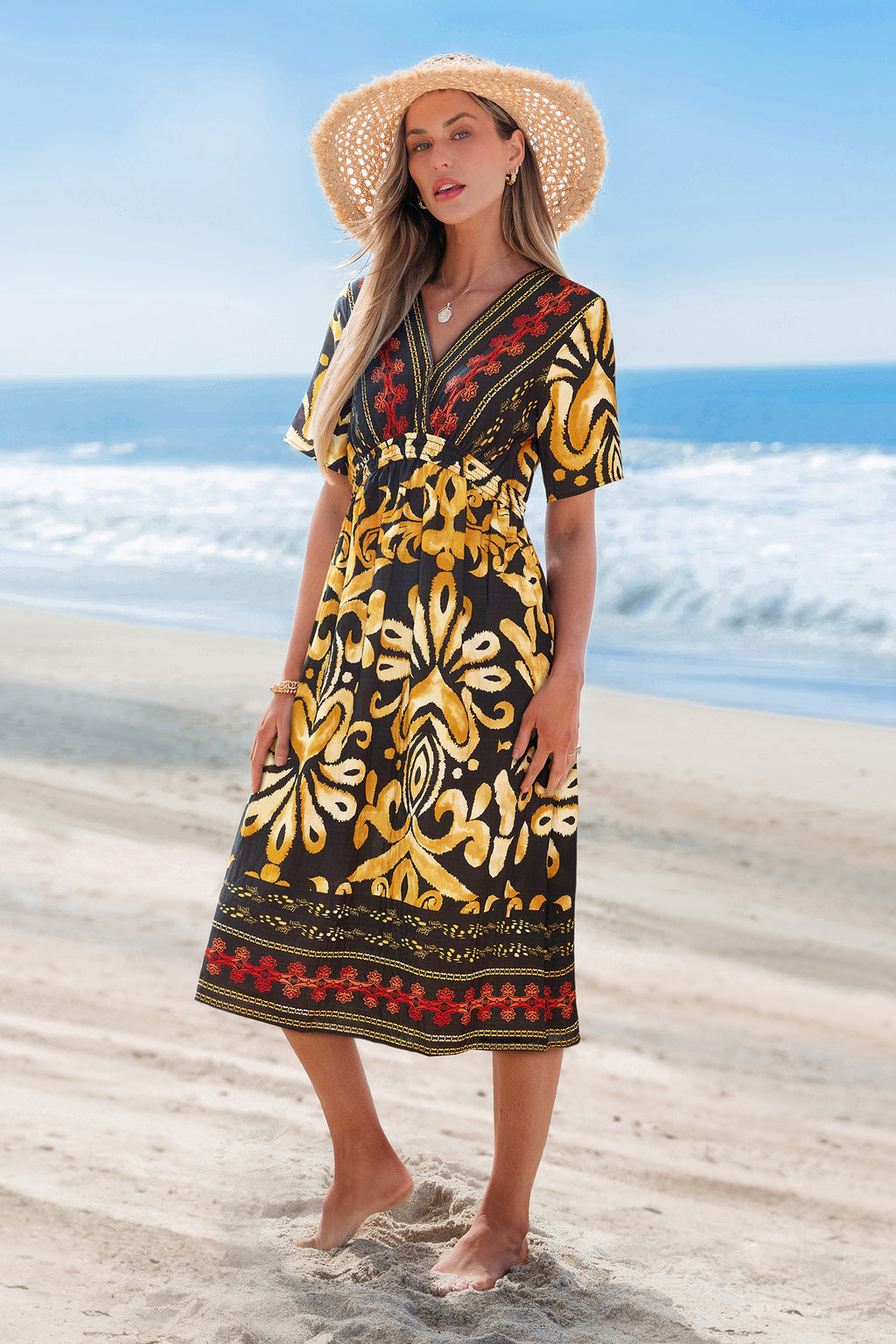 Burnt Amber Ornate Midi Dress