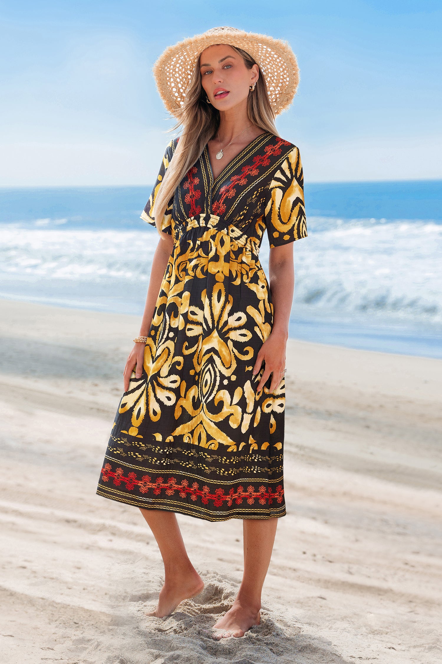 Burnt Amber Ornate Midi Dress