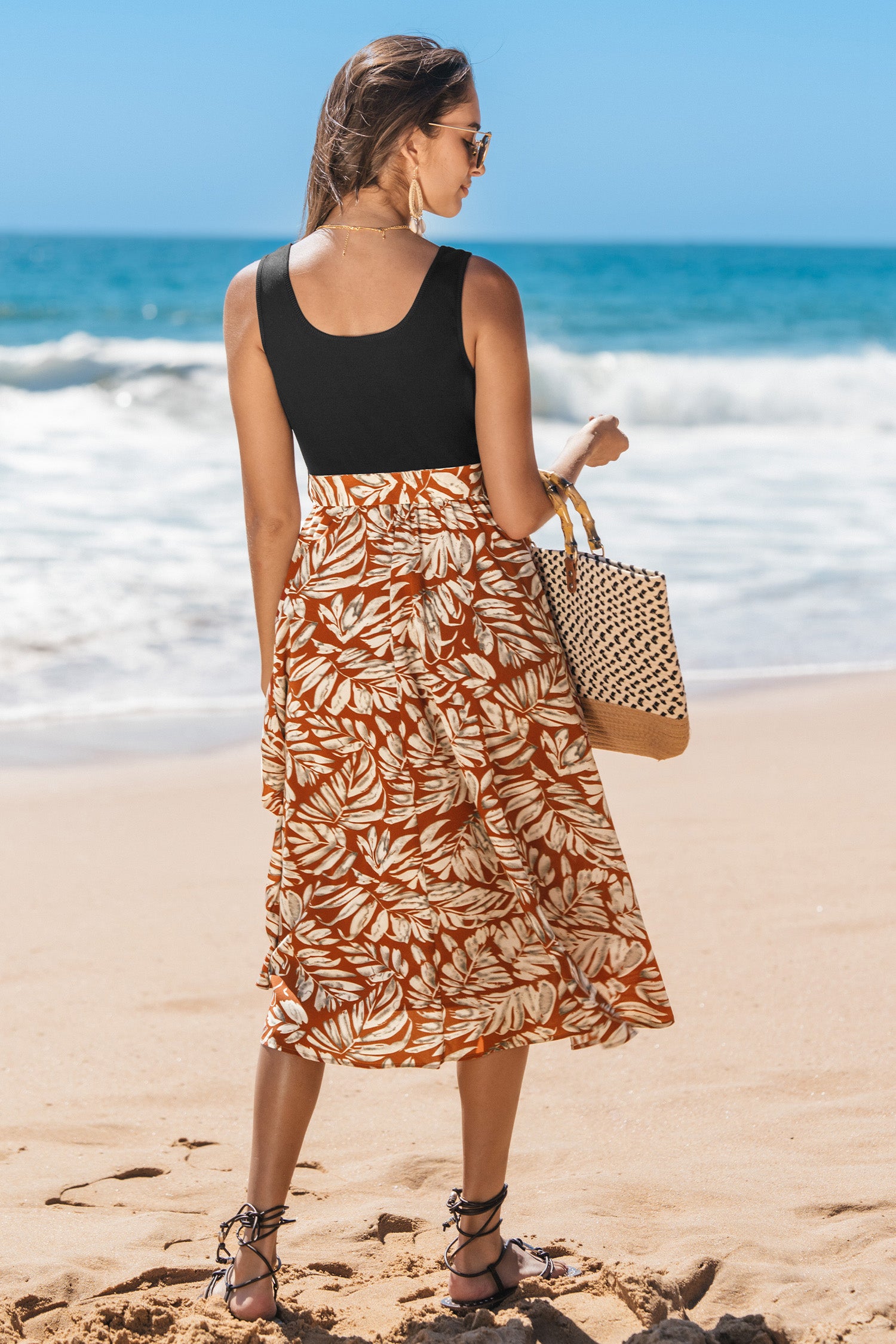 Tropical Palms Square Neck Midi Dress