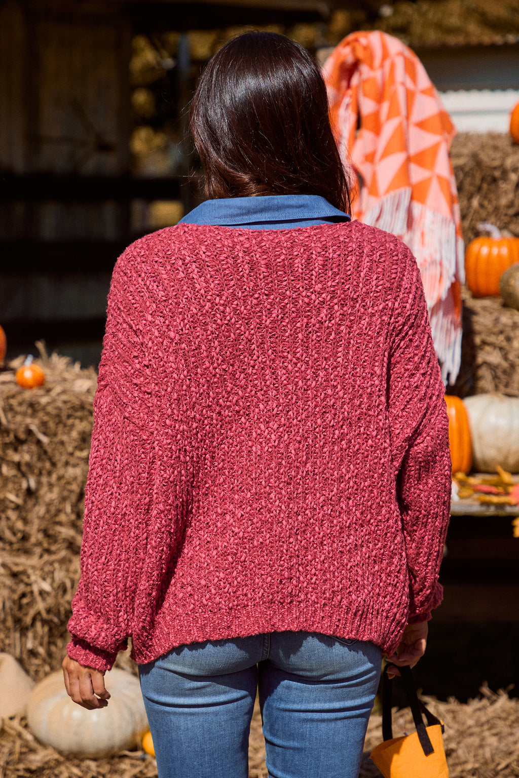 Burgundy V-Neck Puff Sleeve Sweater
