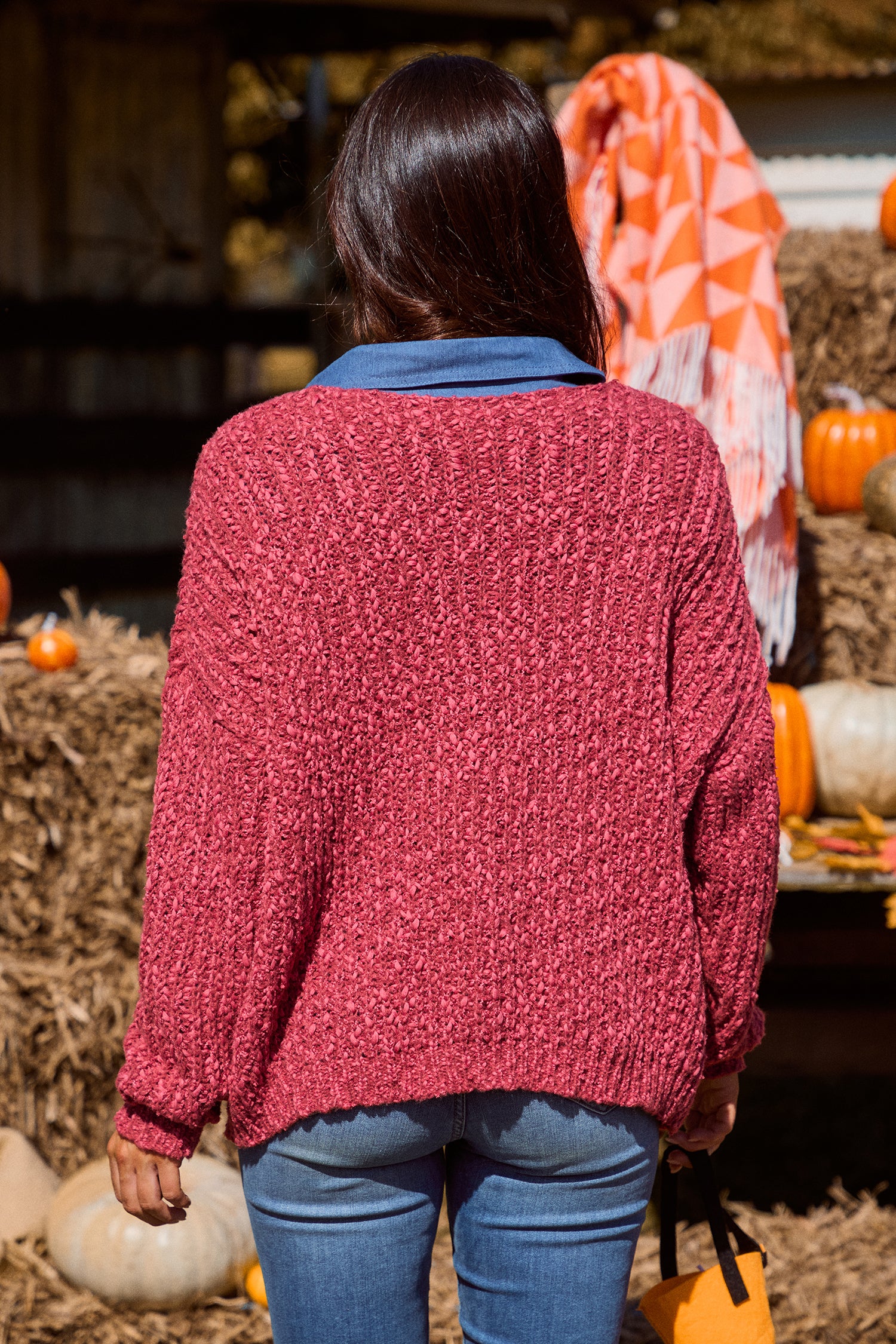 Burgundy V-Neck Puff Sleeve Sweater