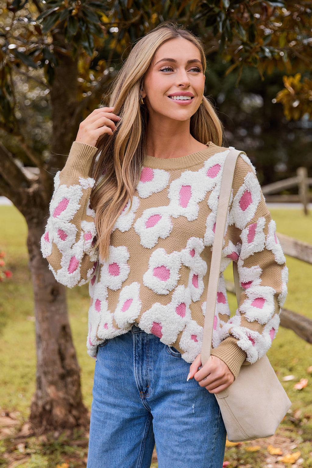 Round Neck Long Sleeve Boucle Floral Sweater