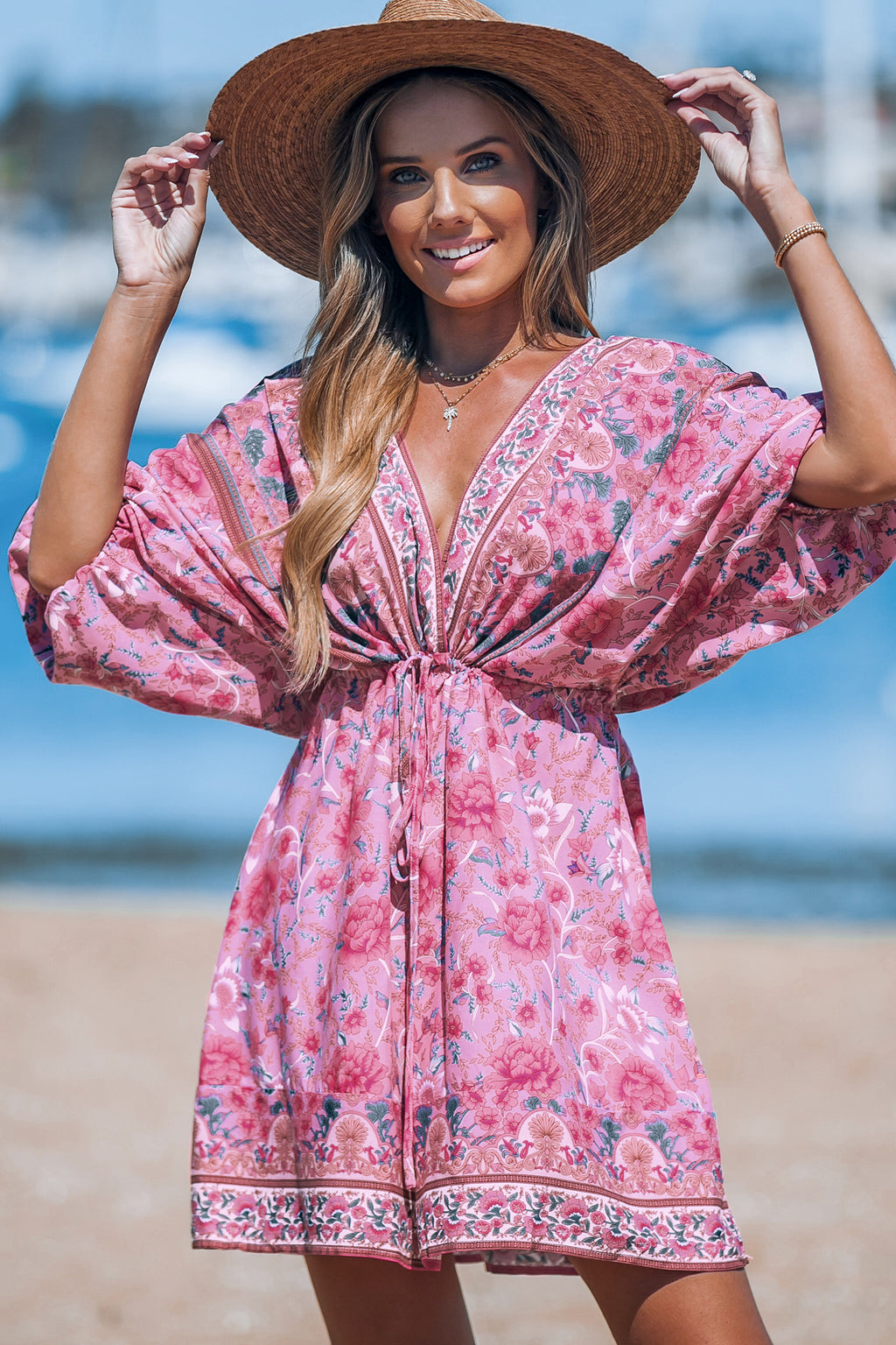 Pink Floral Plunging Blouson Sleeve Mini Dress